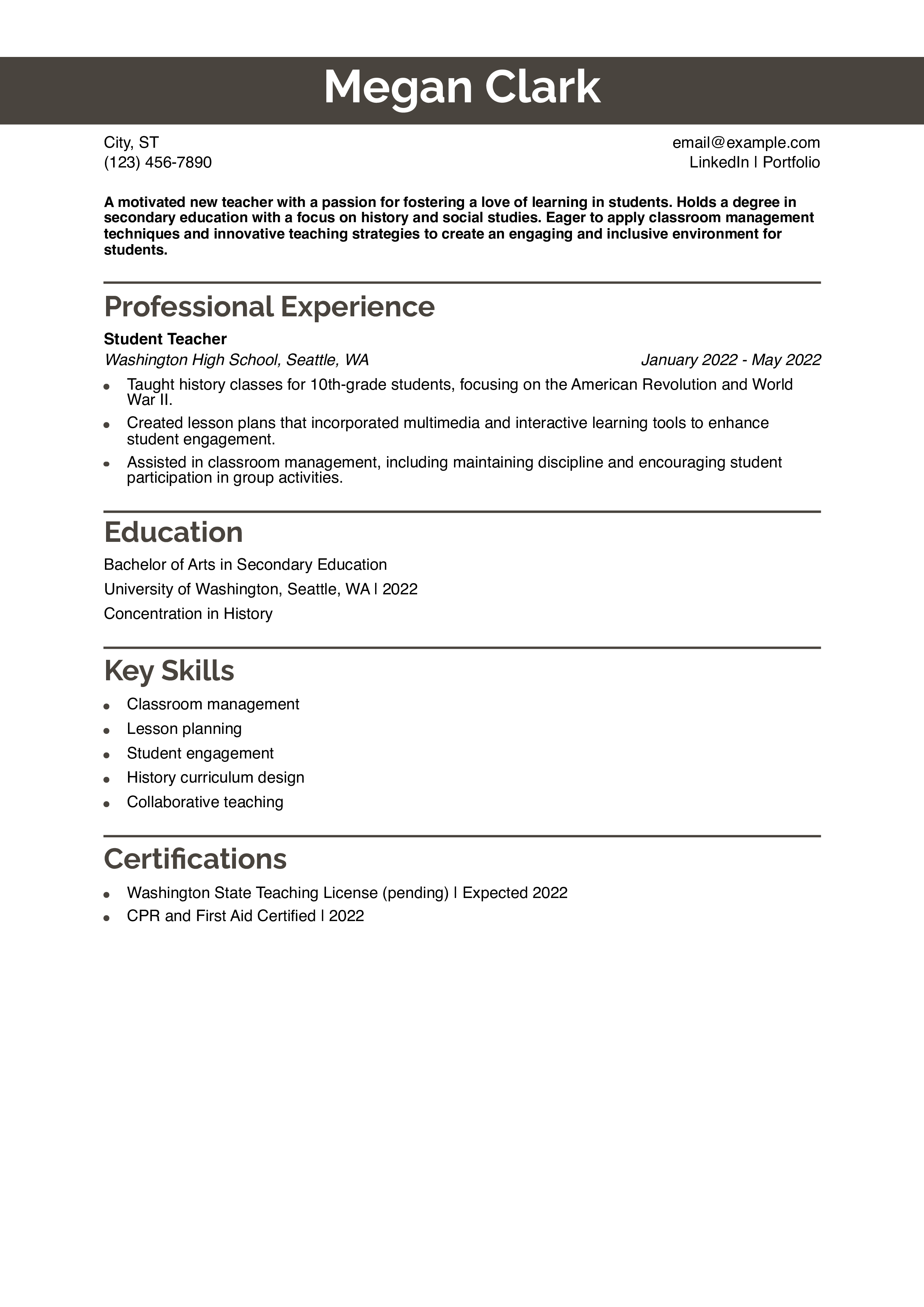 New Teacher Resume Example