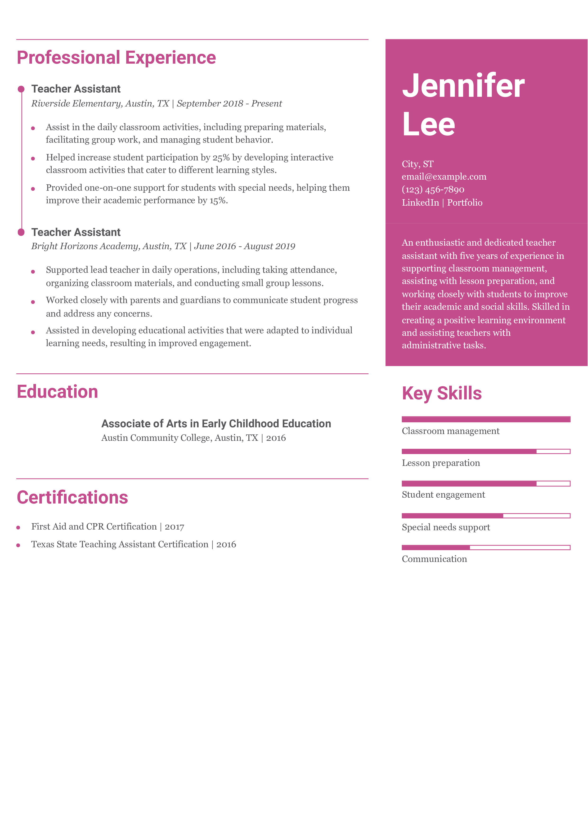 Teacher Assistant Resume Example