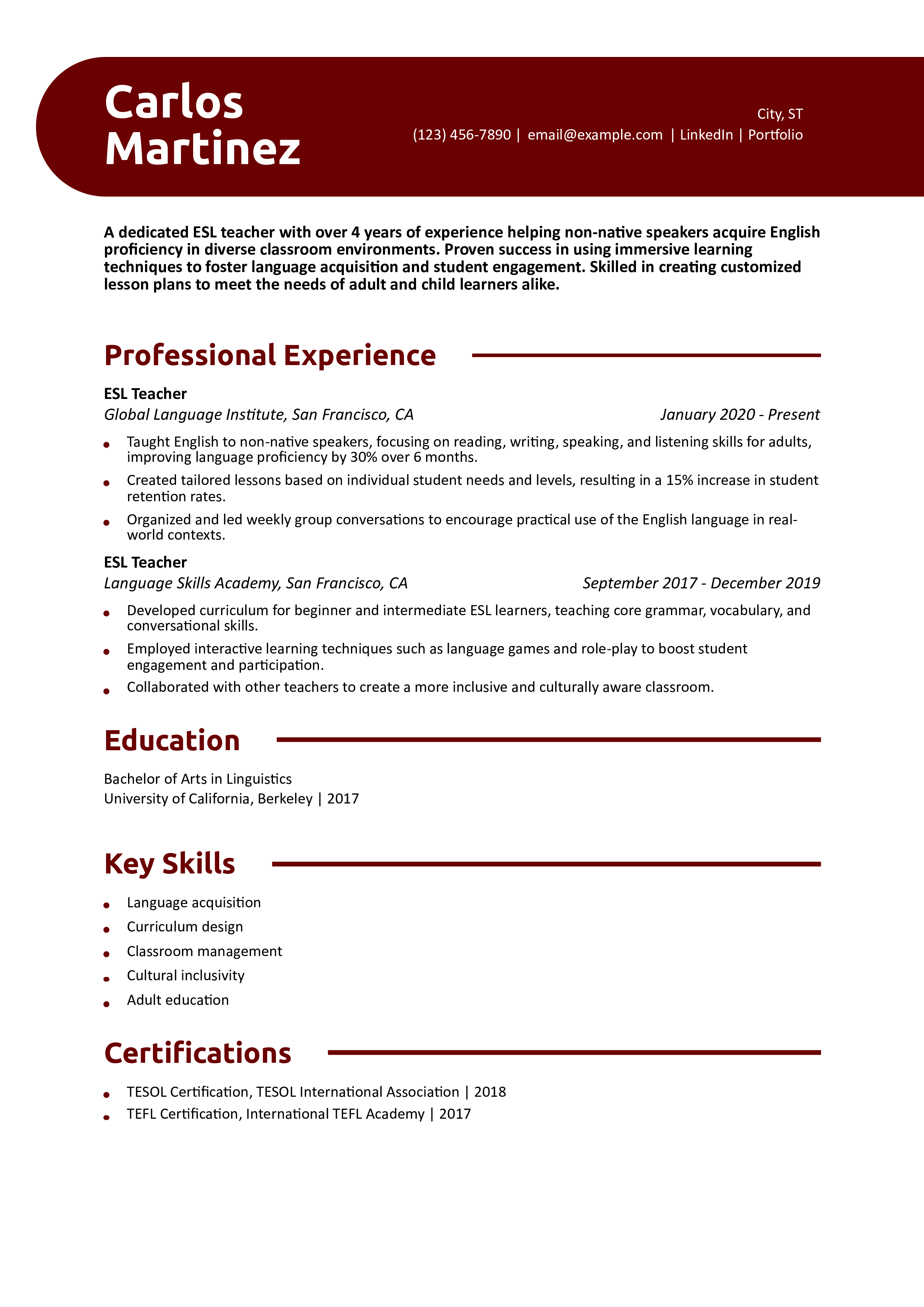 ESL Teacher Resume Example