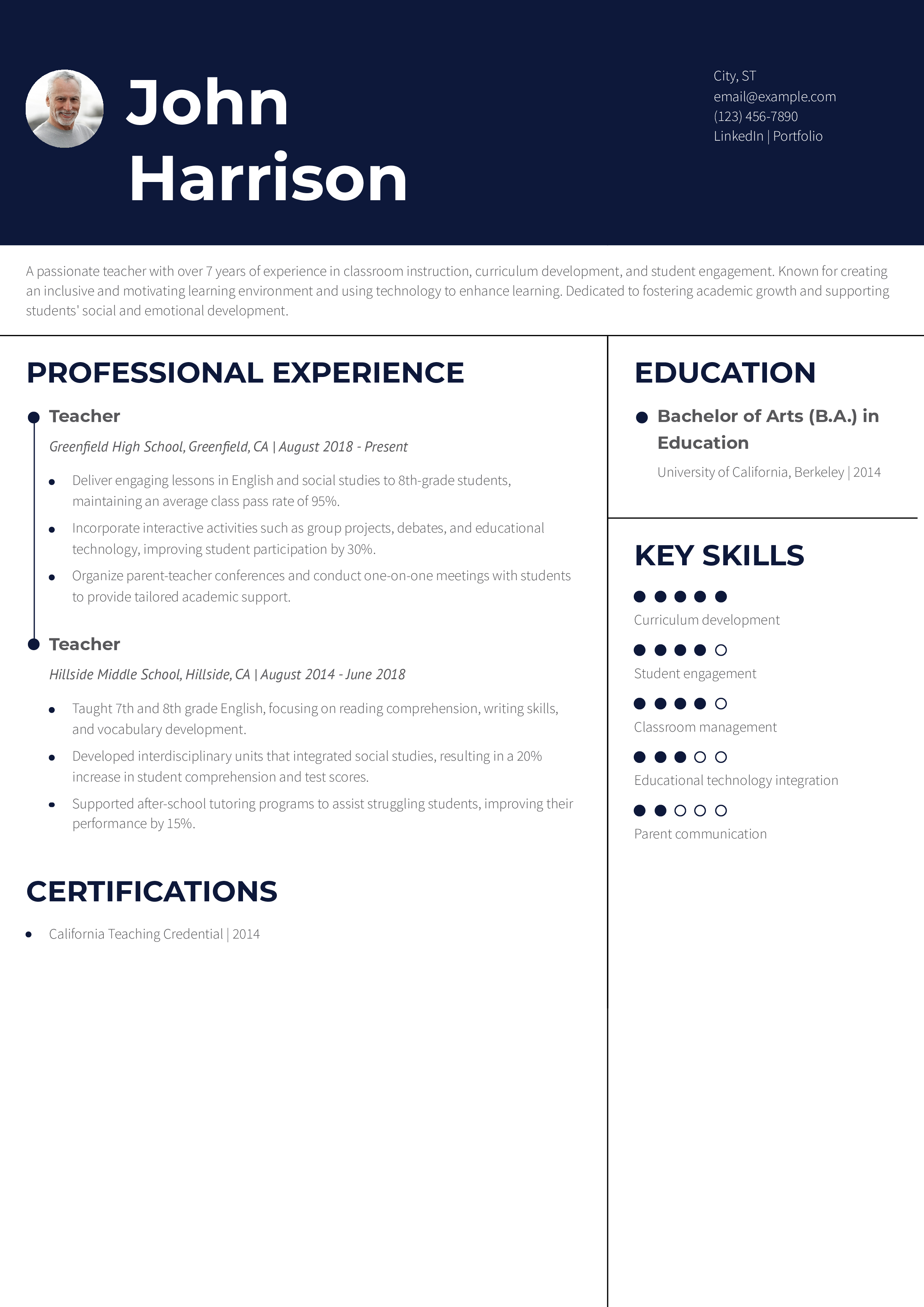 Teacher Resume Example