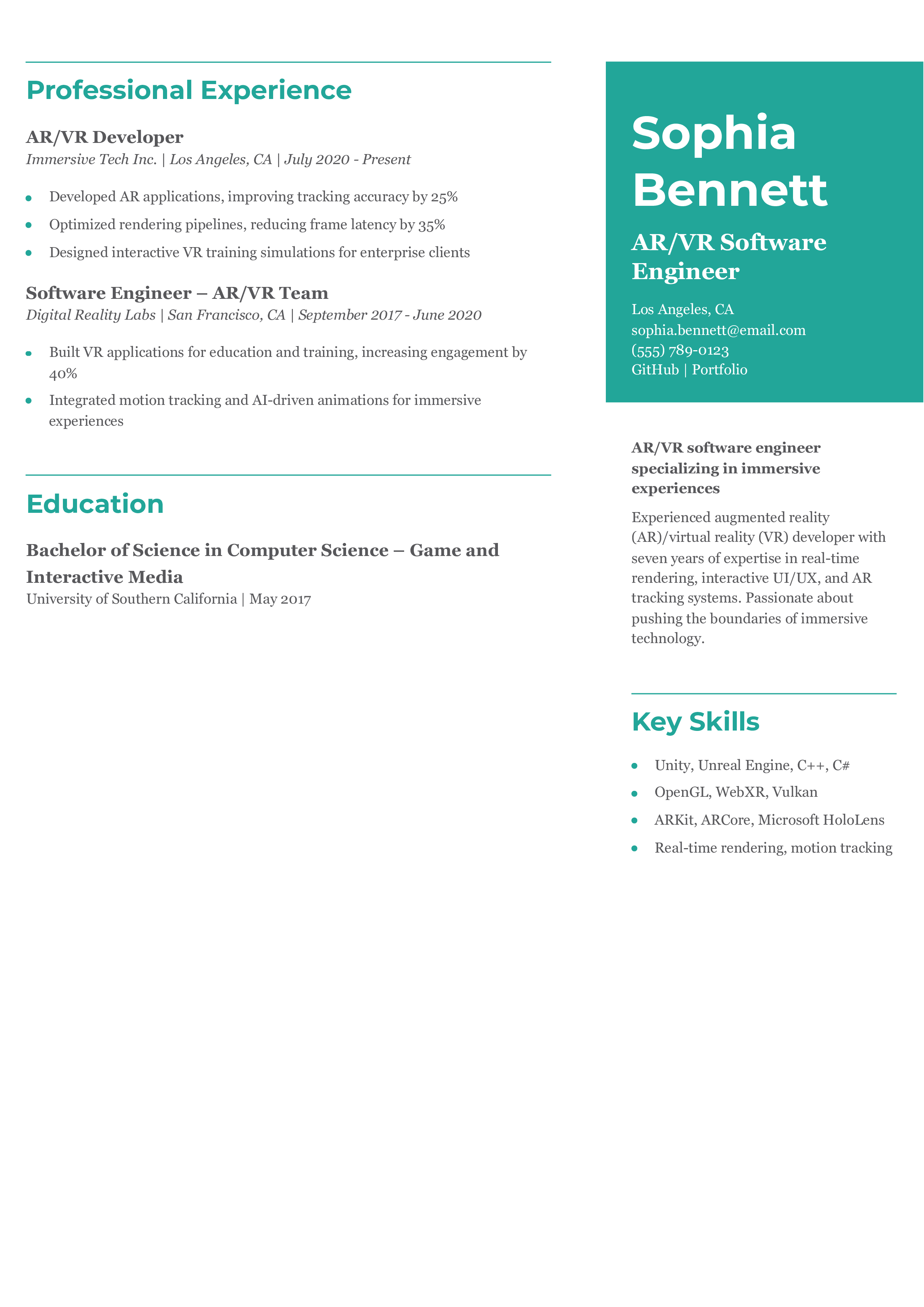 AR/VR Software Engineer Resume