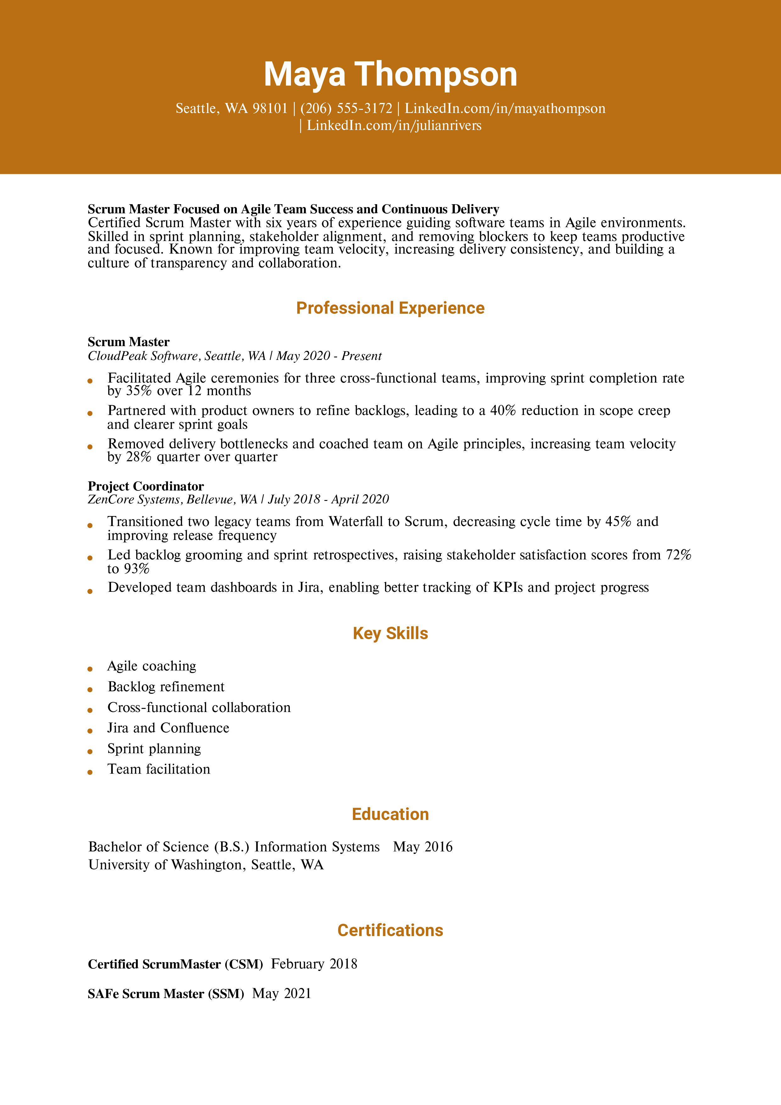 Scrum Master Resume Example