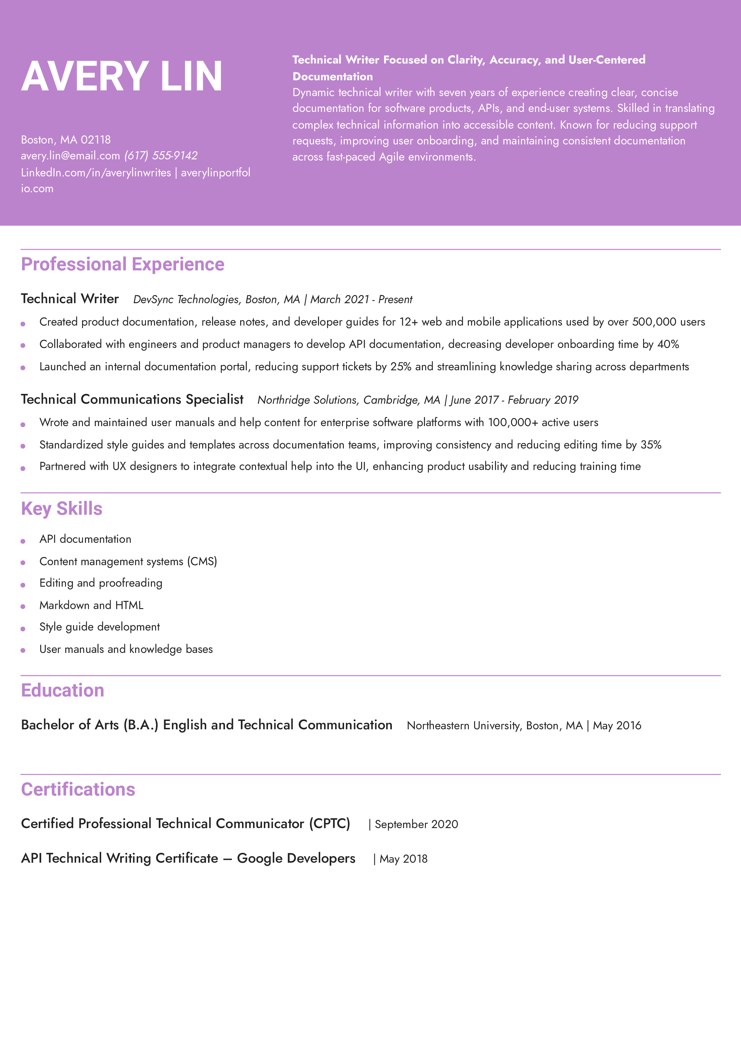 Technical Writer Resume Example