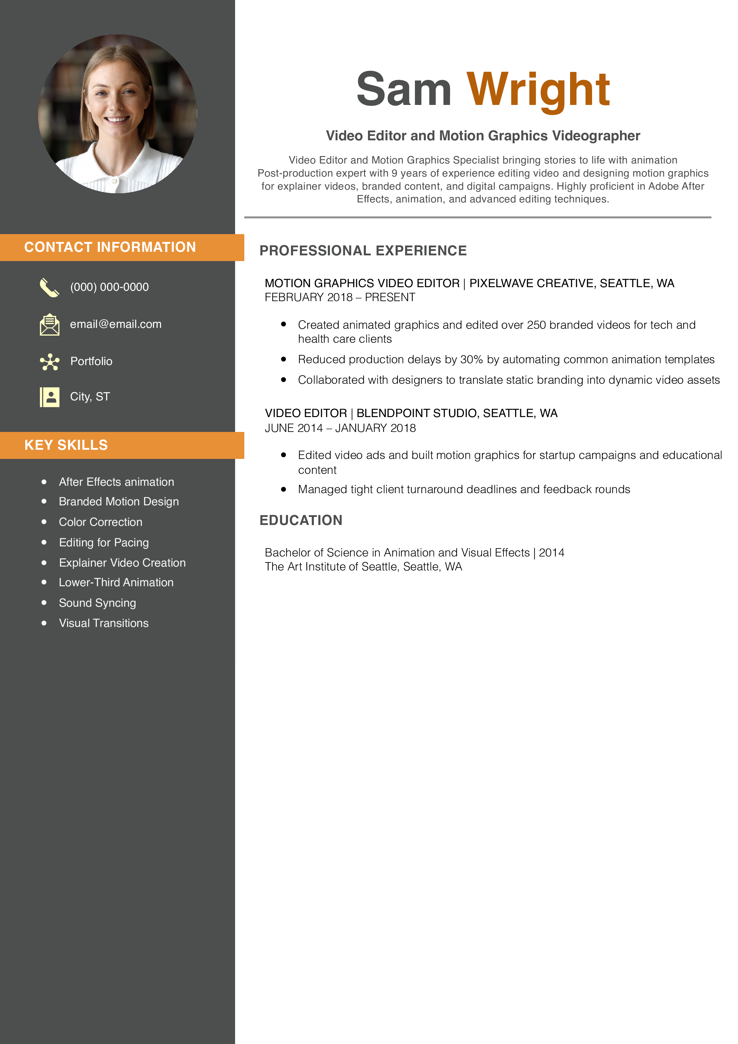 Video Editor and Motion Graphics Videographer Resume Example