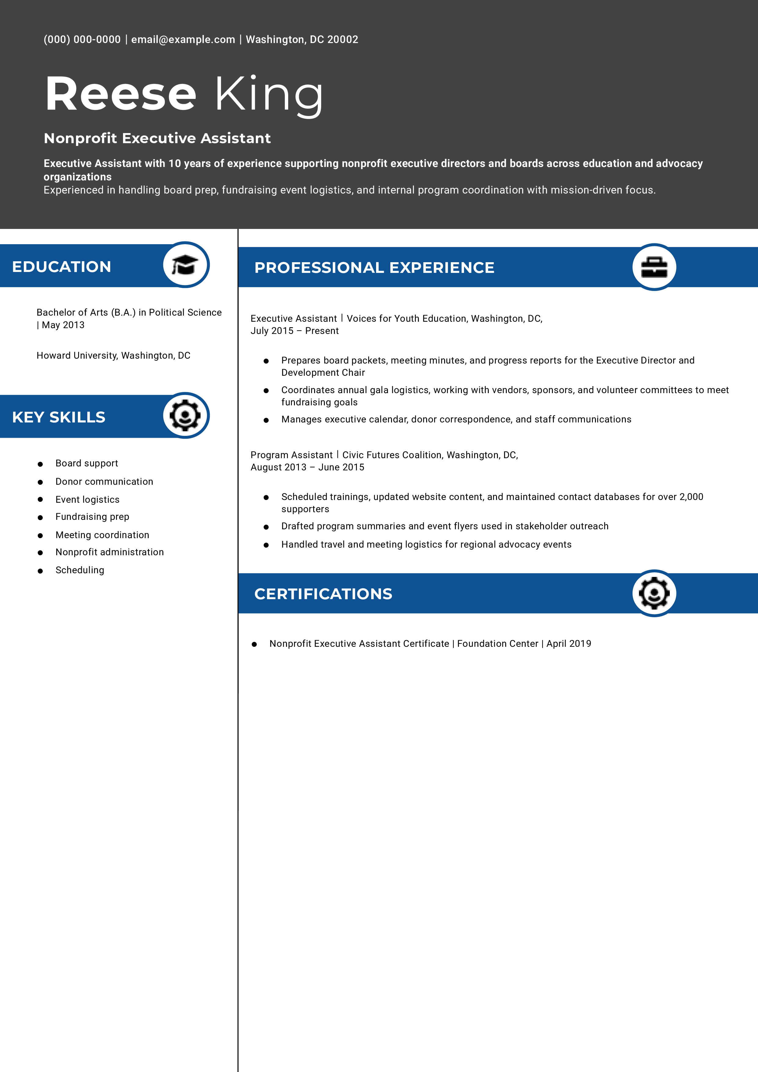 Nonprofit Executive Assistant Resume Example
