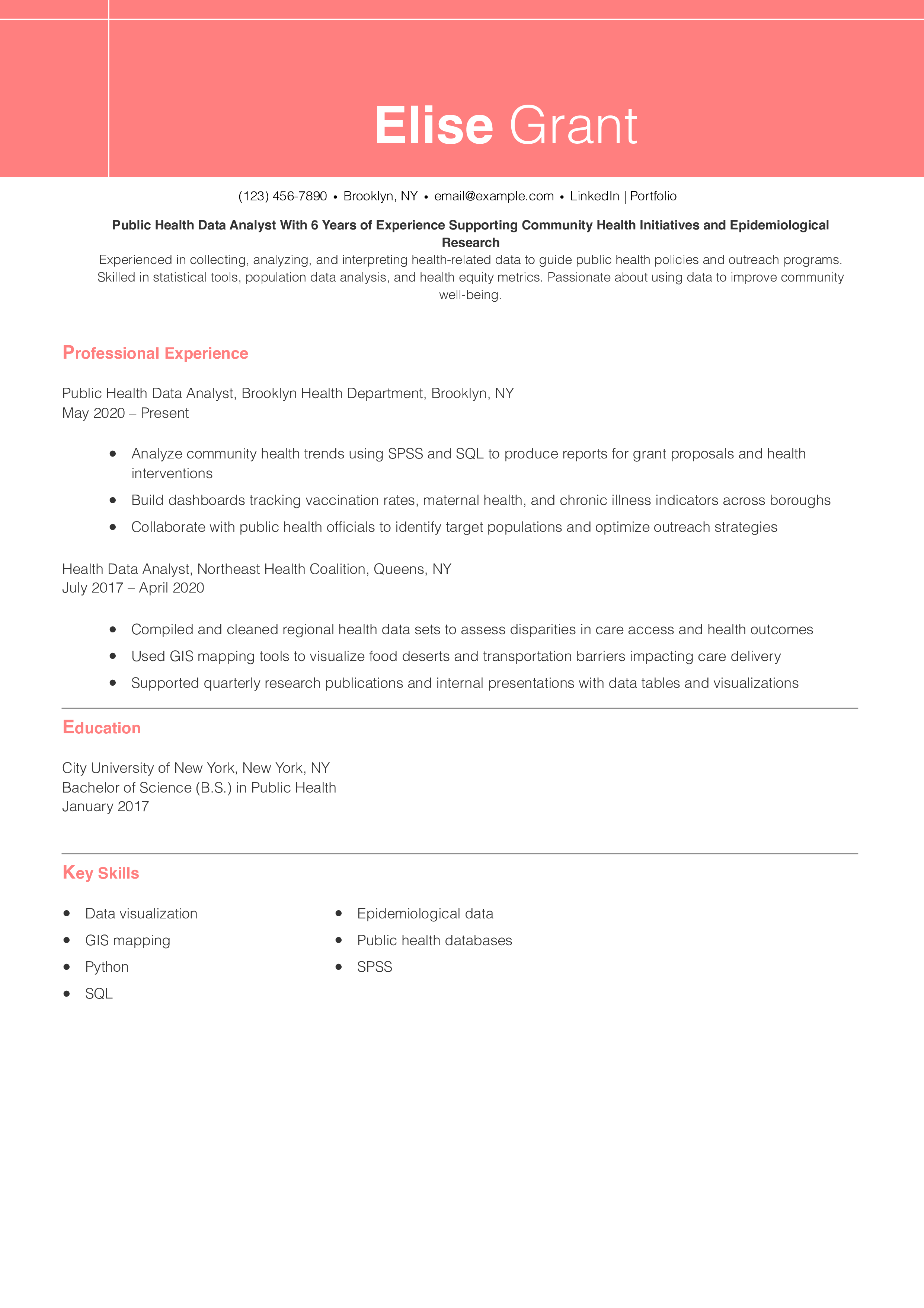 Public Health Data Analyst Resume Examples