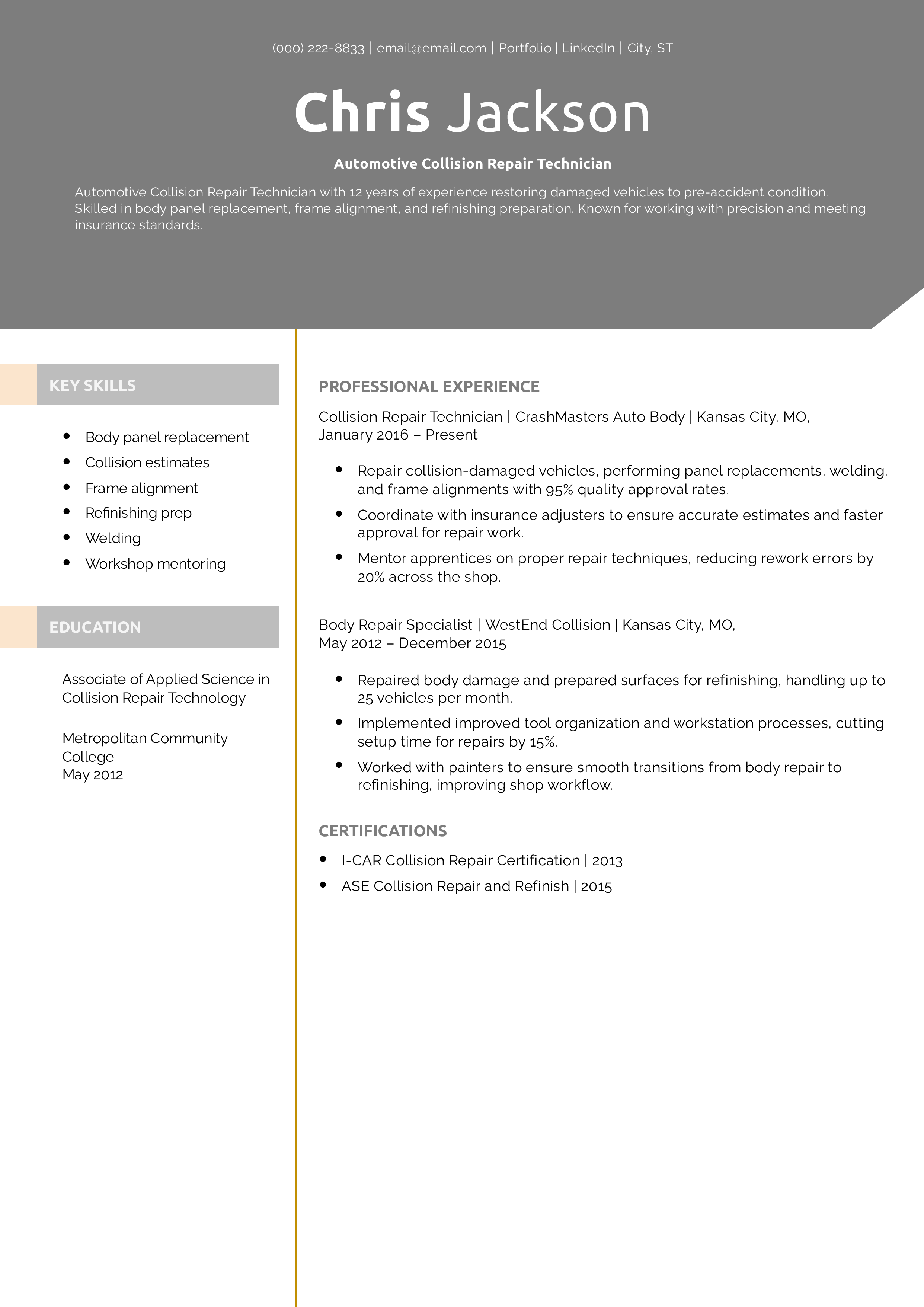 Automotive Collision Repair Technician Resume Example