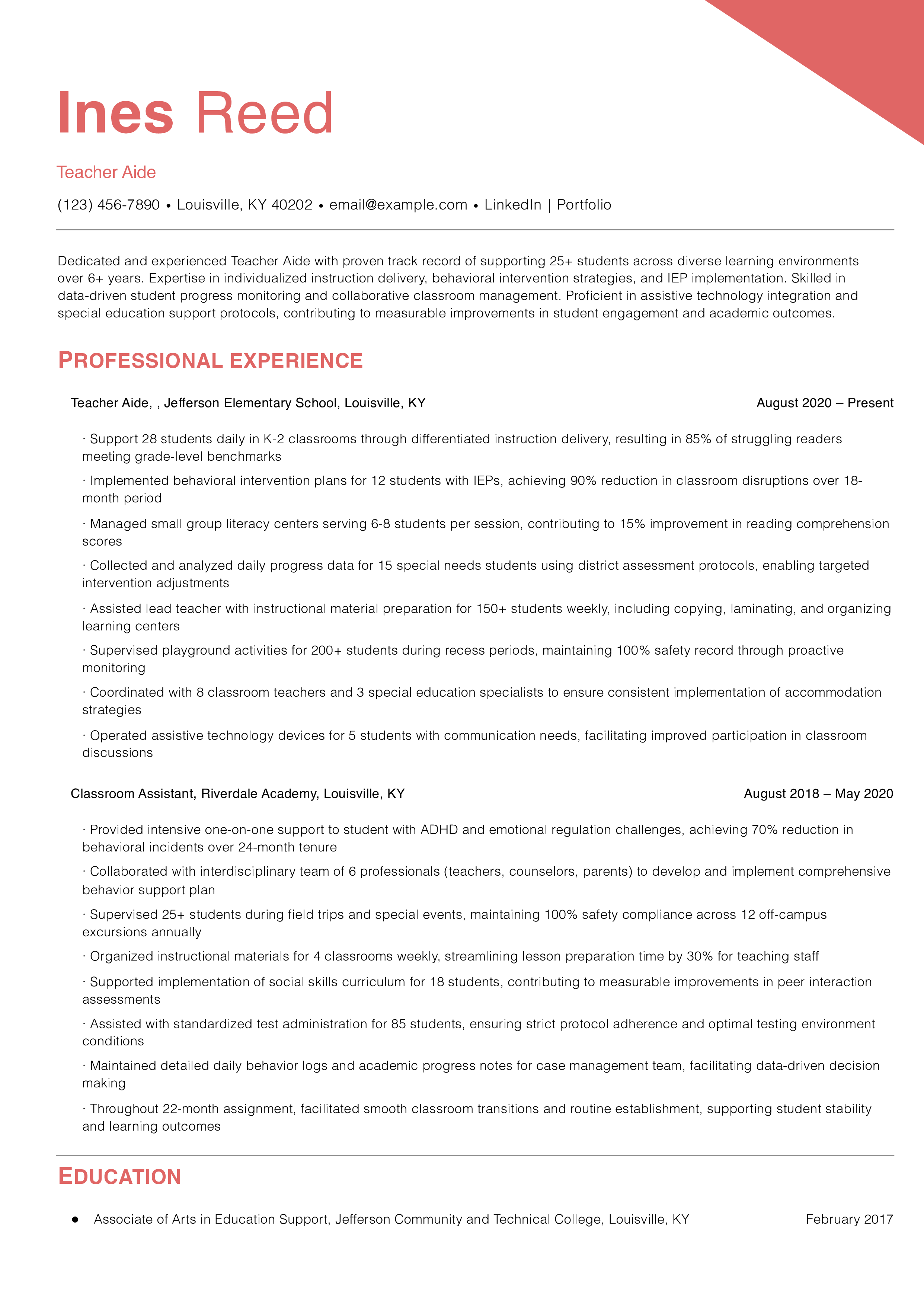 Teacher Aide Resume Example