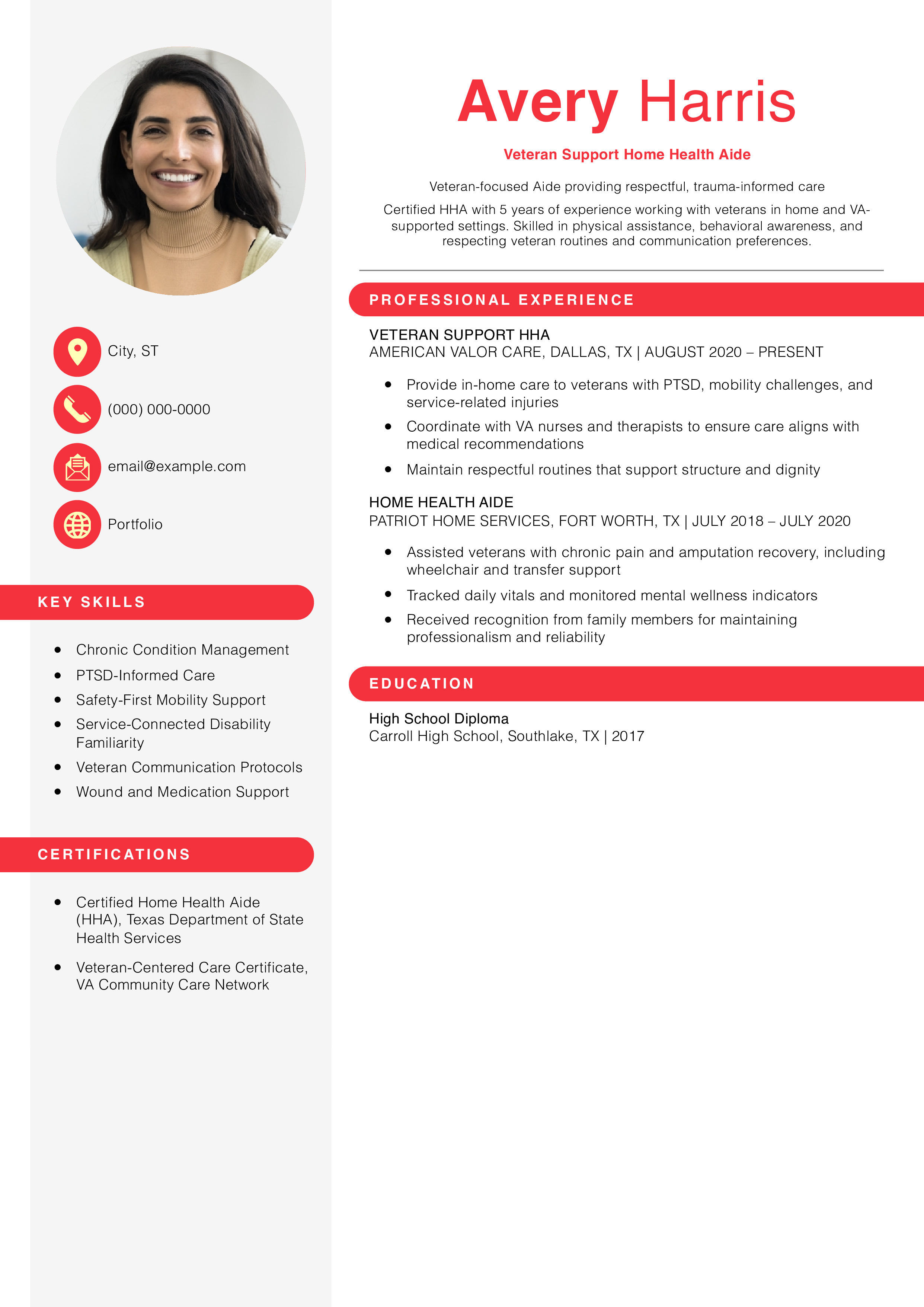 Veteran Support Home Health Aide Resume Example