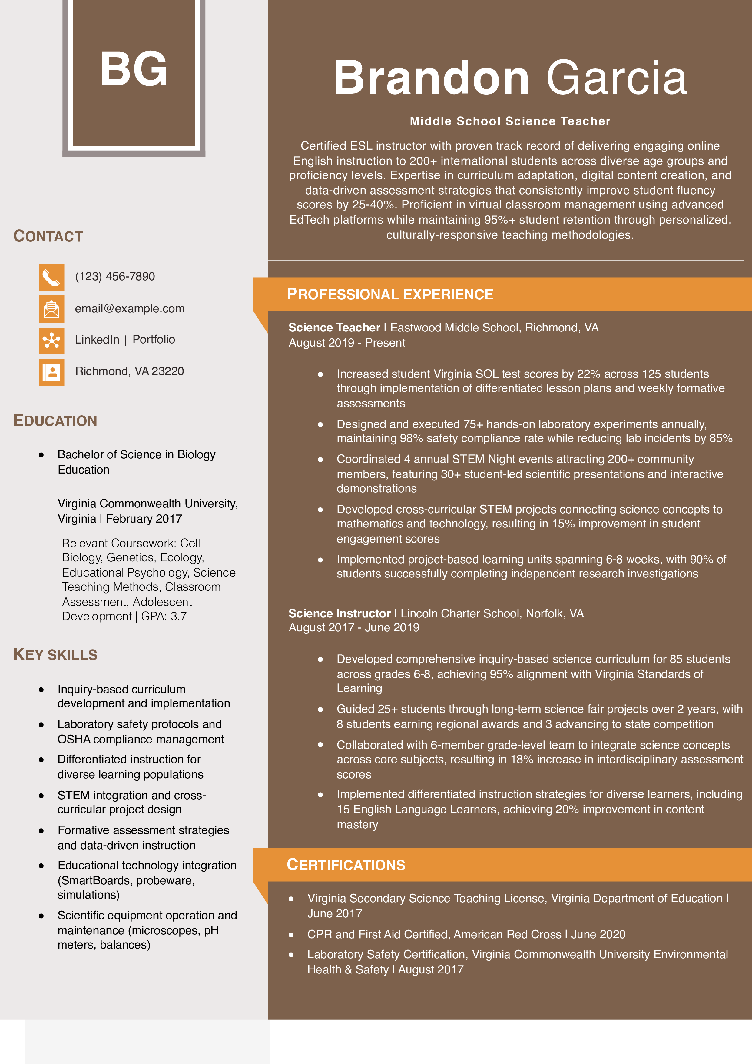 Middle School Science Teacher Resume Example