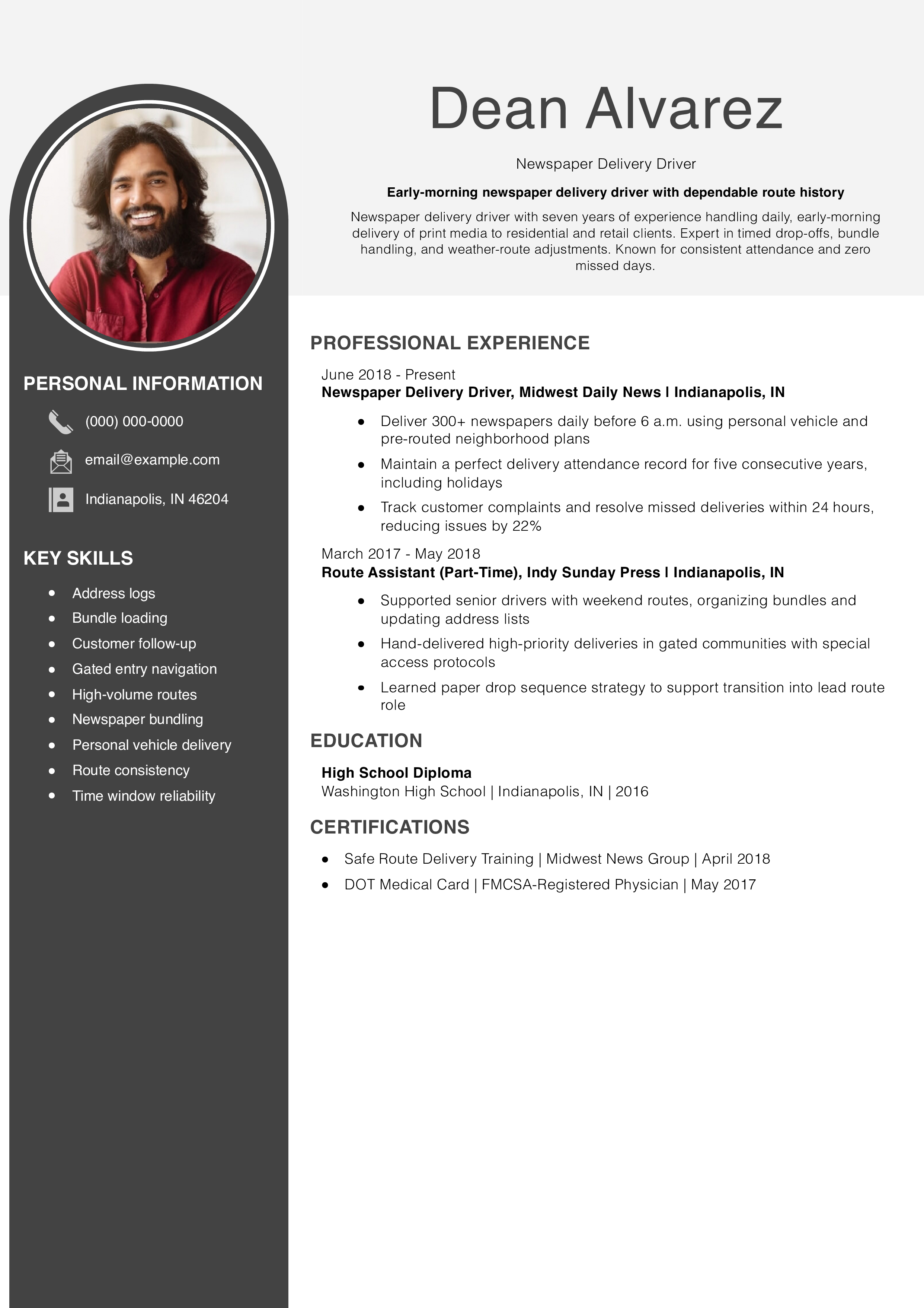 Newspaper Delivery Driver Resume Example