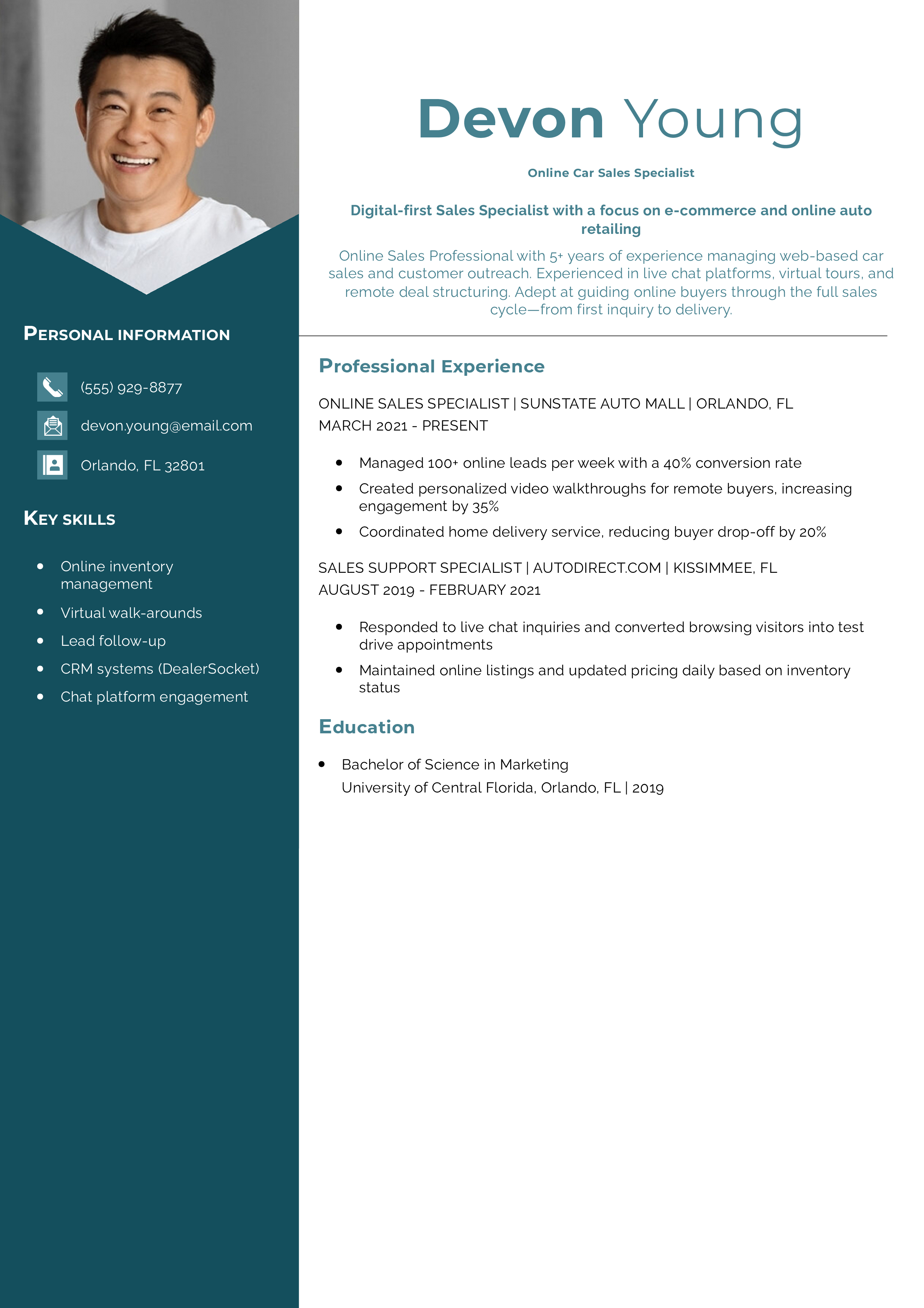 Online Car Sales Specialist Text-Only Resume Example