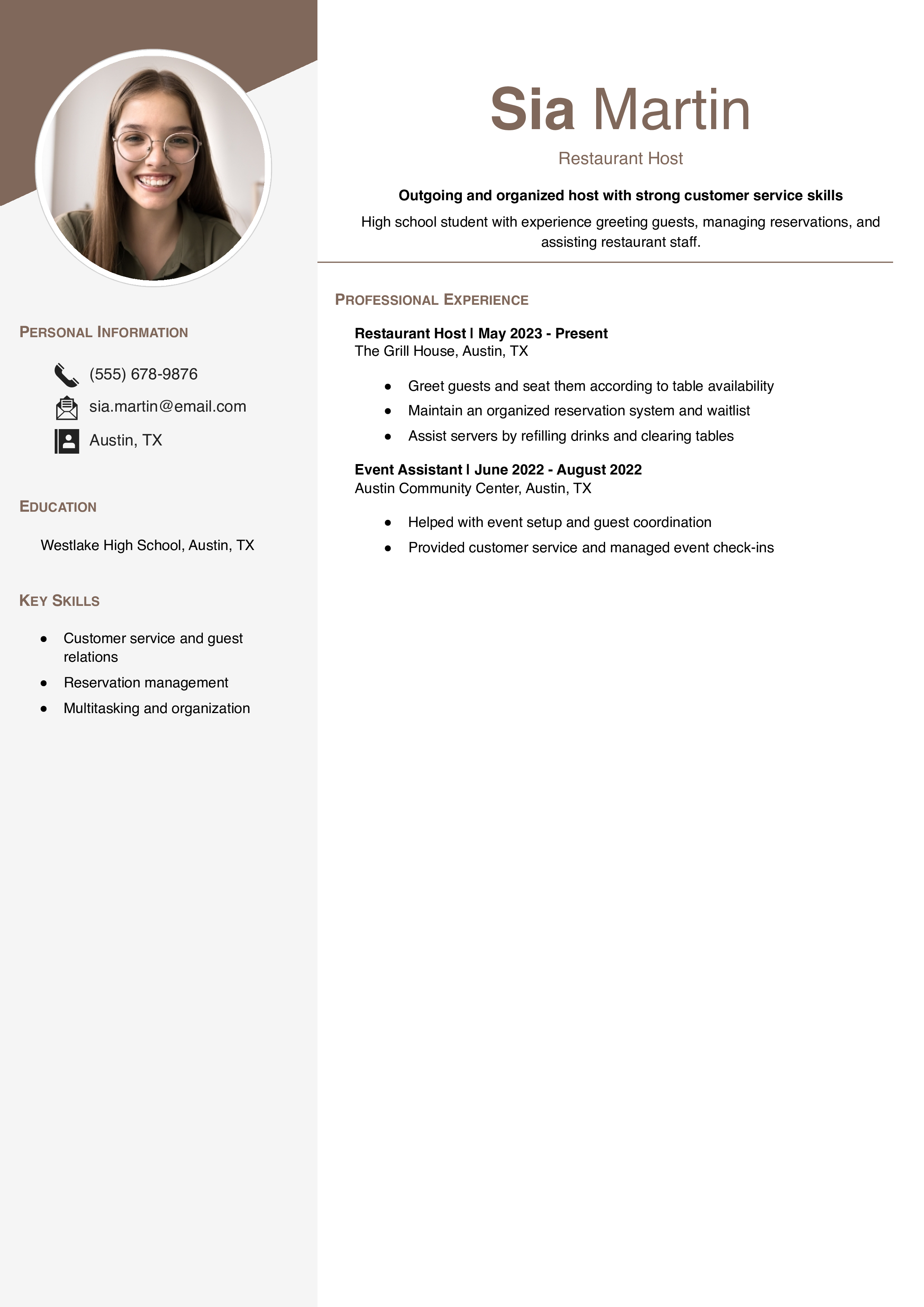  Restaurant Host/Hostess Resume for Teens