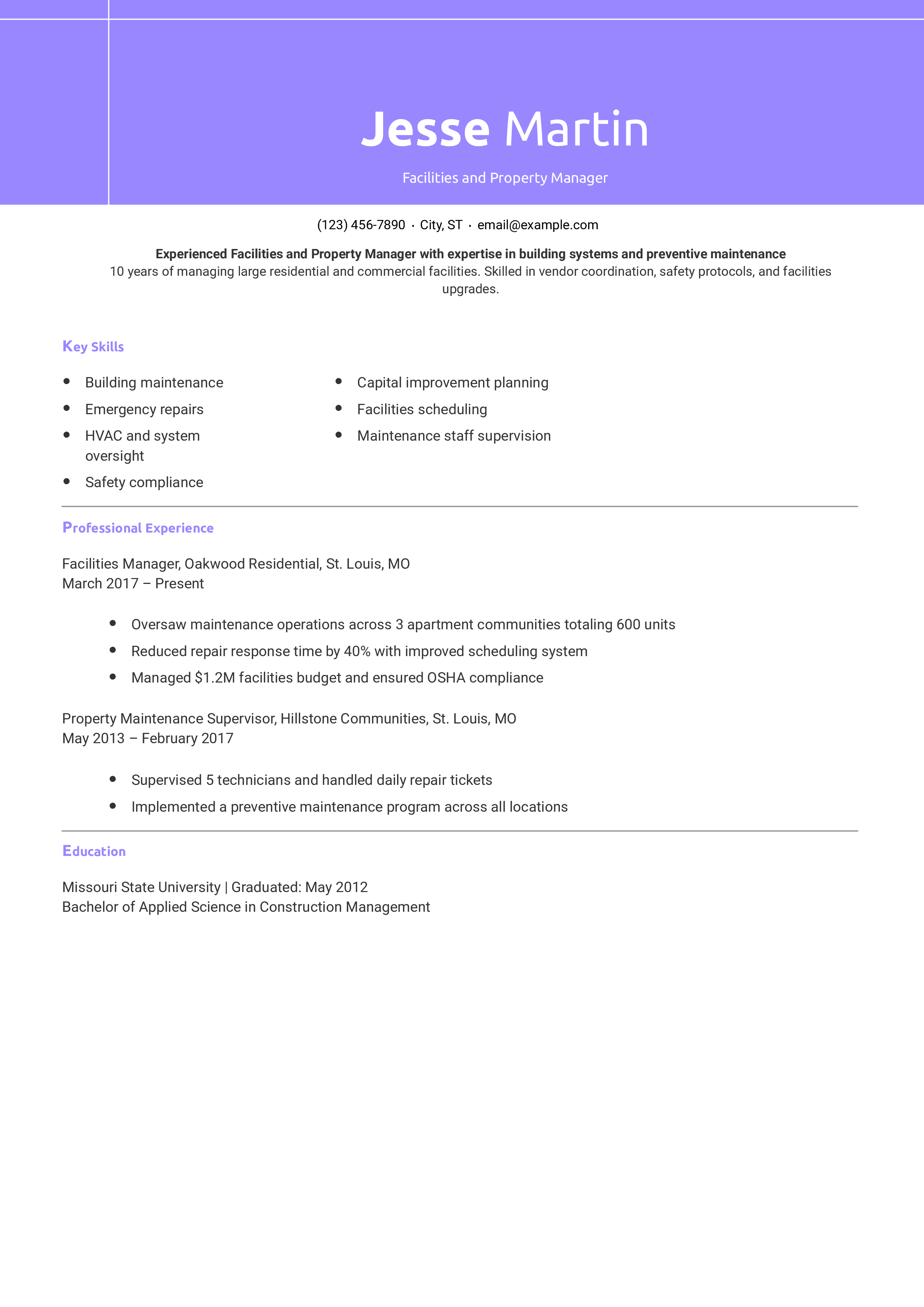 Facilities and Property Manager Resume Example