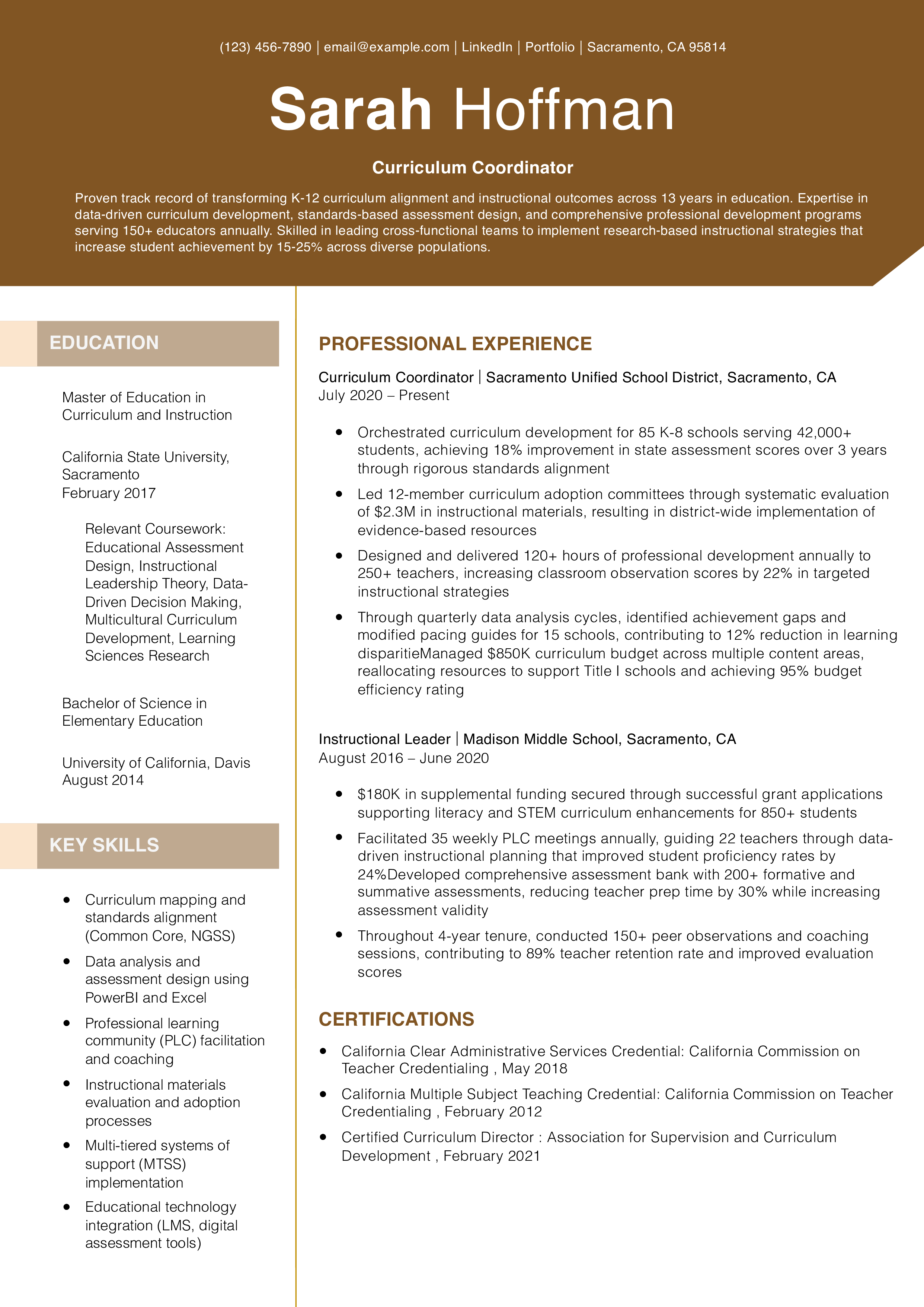 Curriculum Coordinator Resume Example
