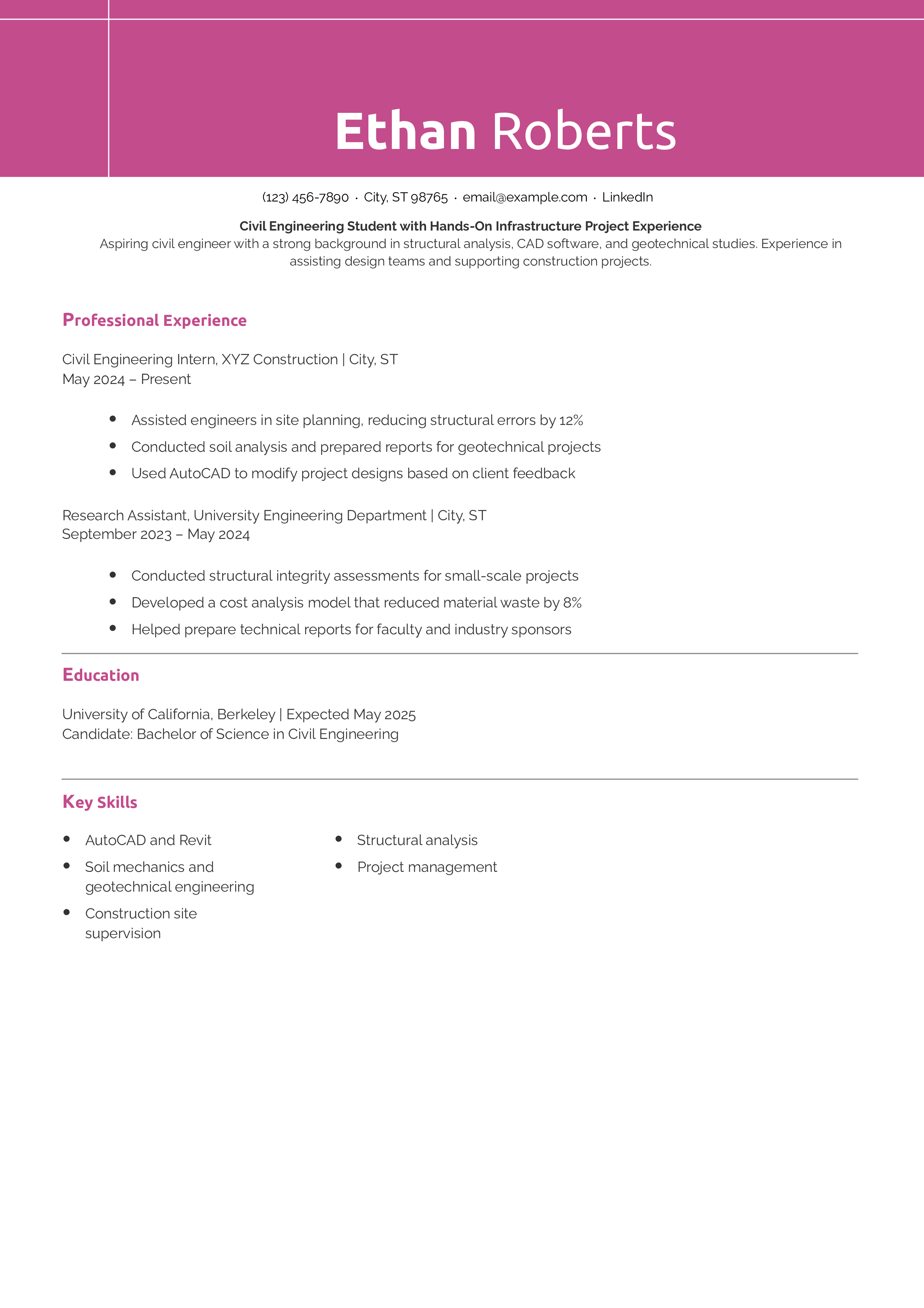 Civil Engineering Internship Resume Example