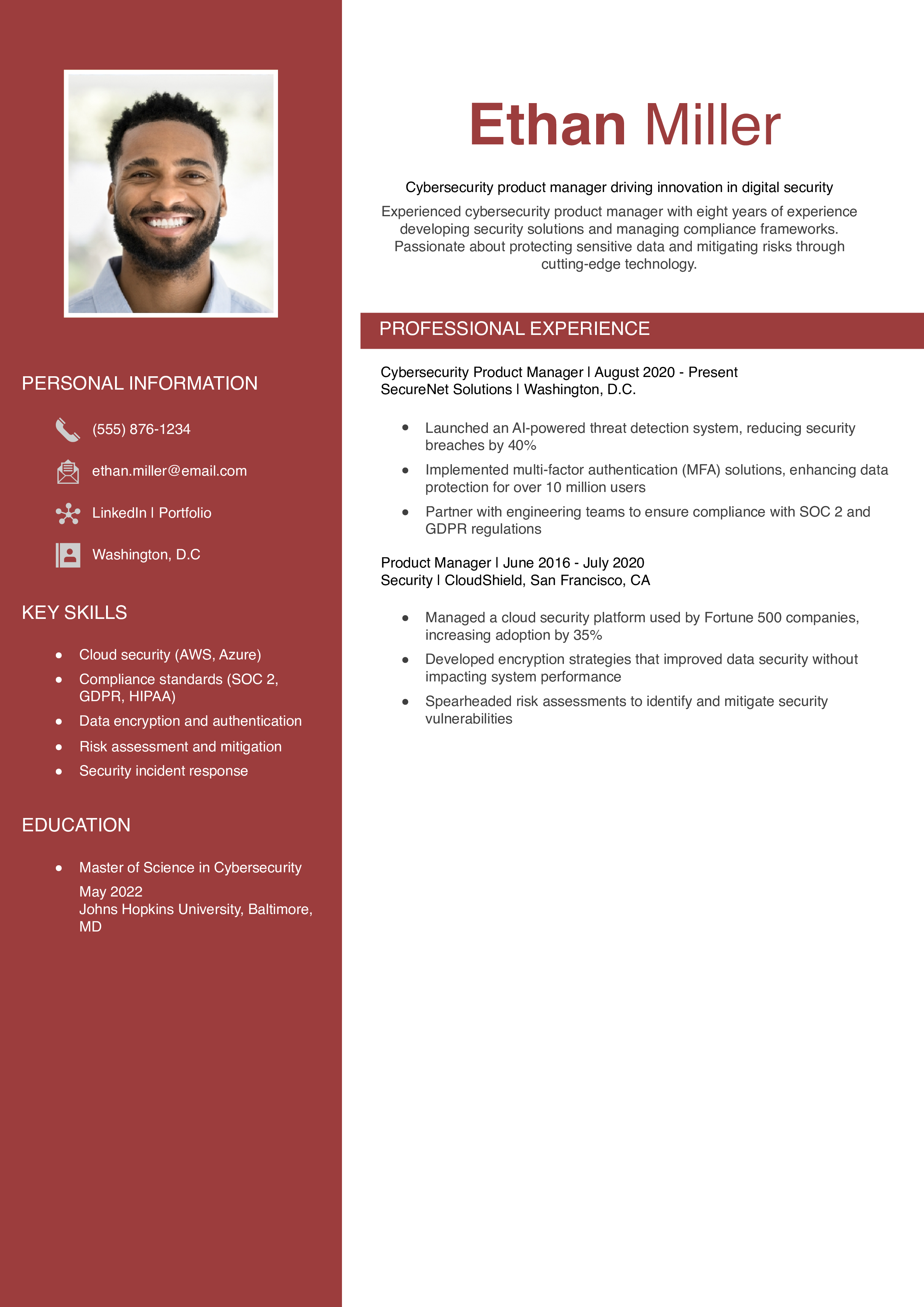 Cybersecurity Product Manager Resume Example