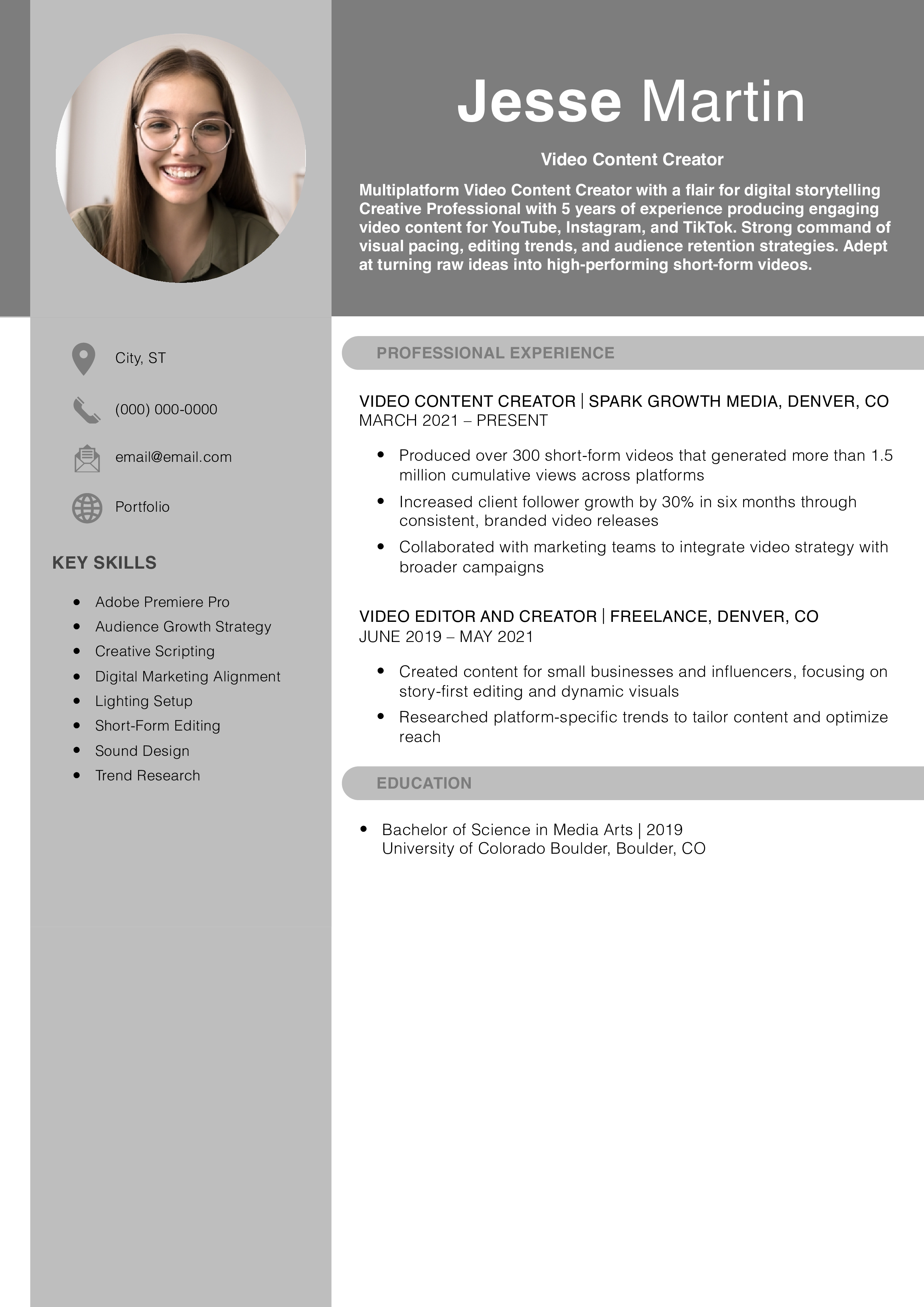 Video Content Creator Resume Example