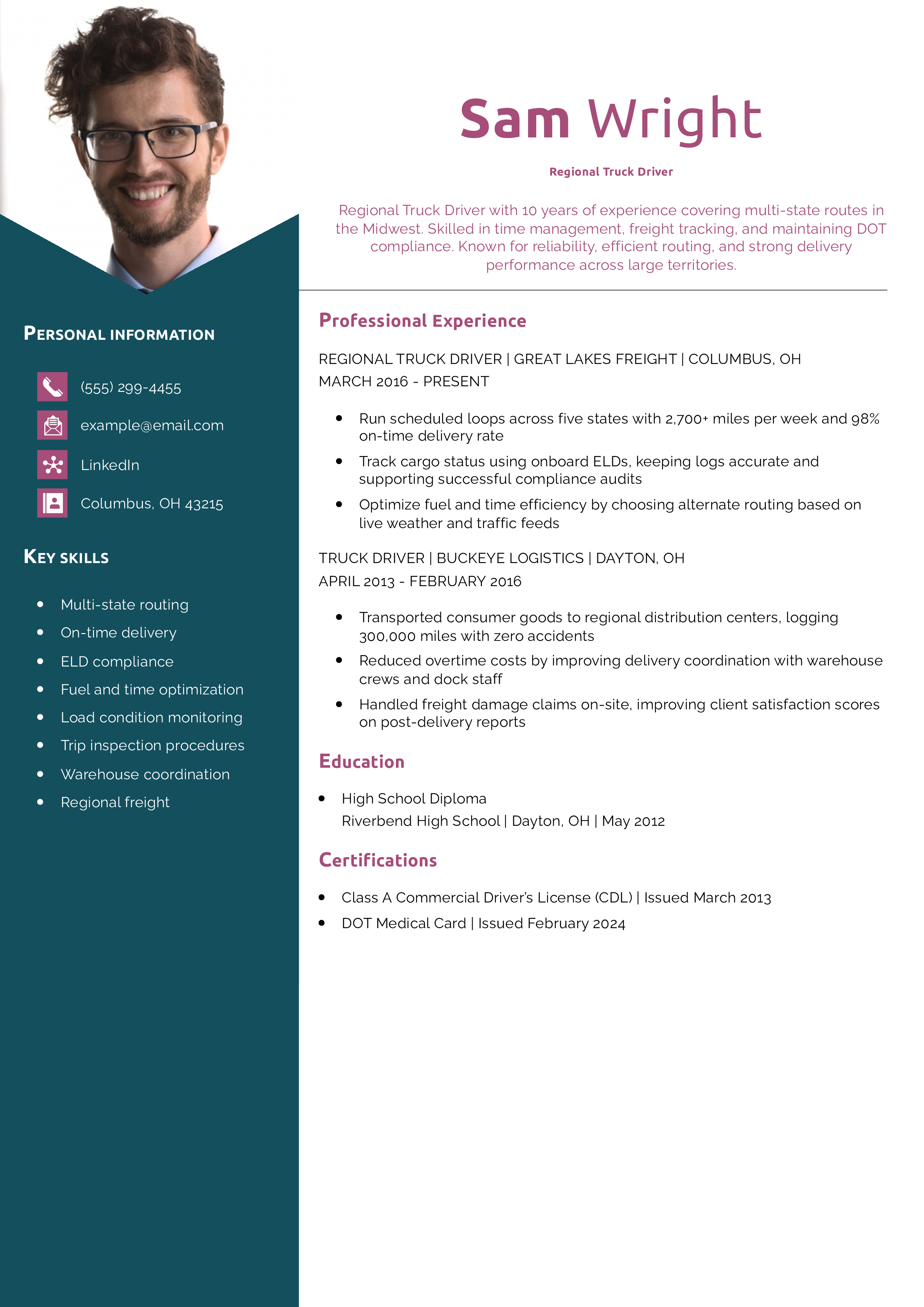 Regional Truck Driver Resume Example