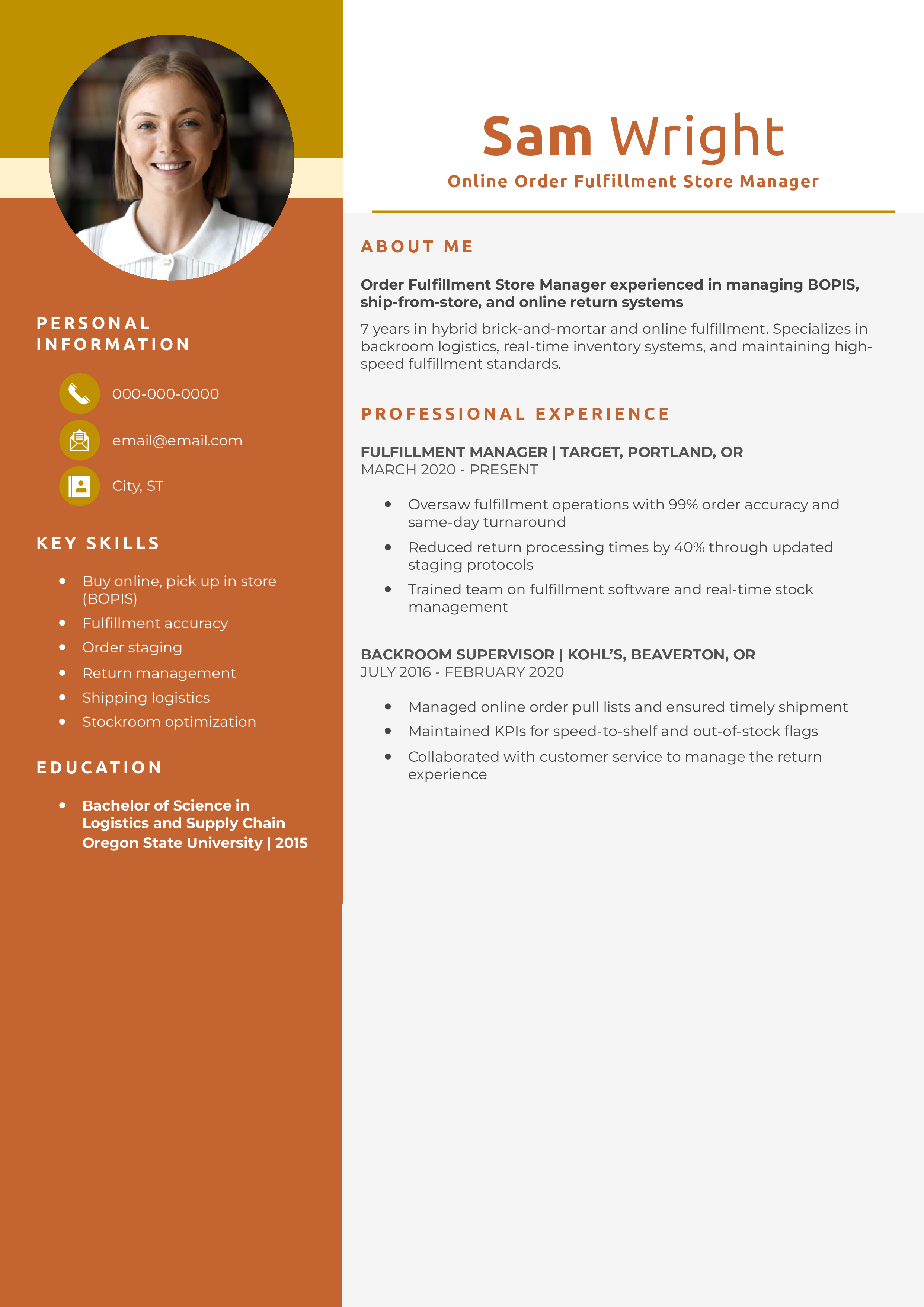 Online Order Fulfillment Store Manager Resume Example