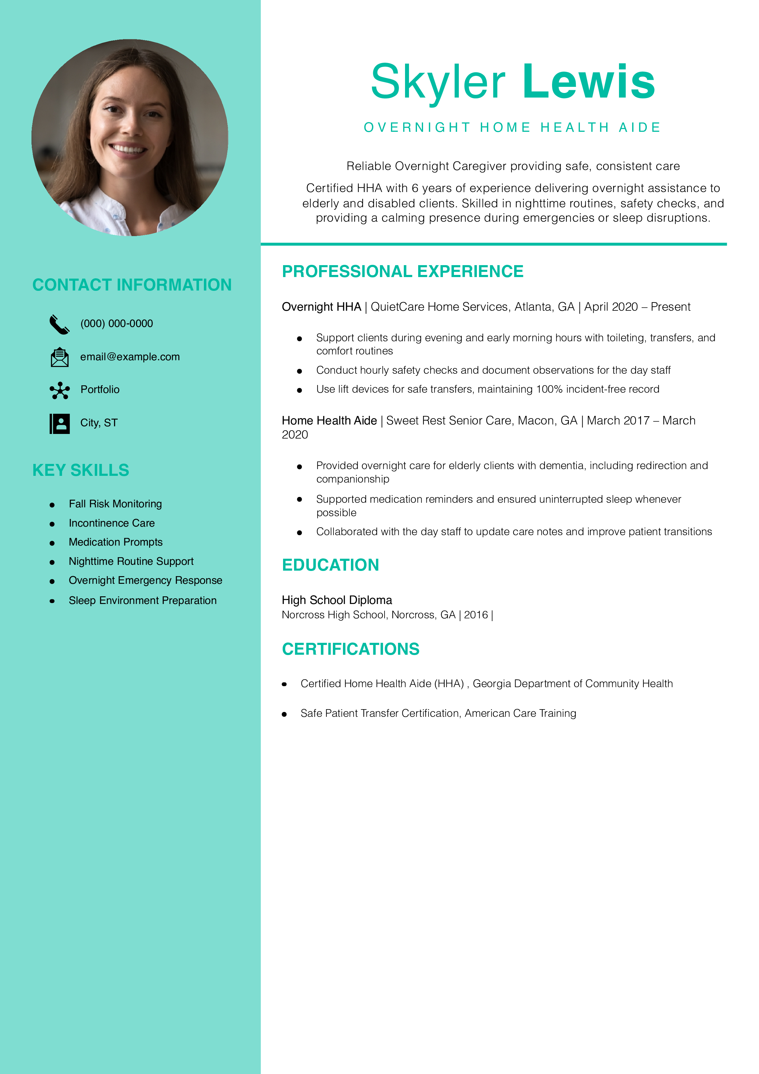 Overnight Home Health Aide Resume Example