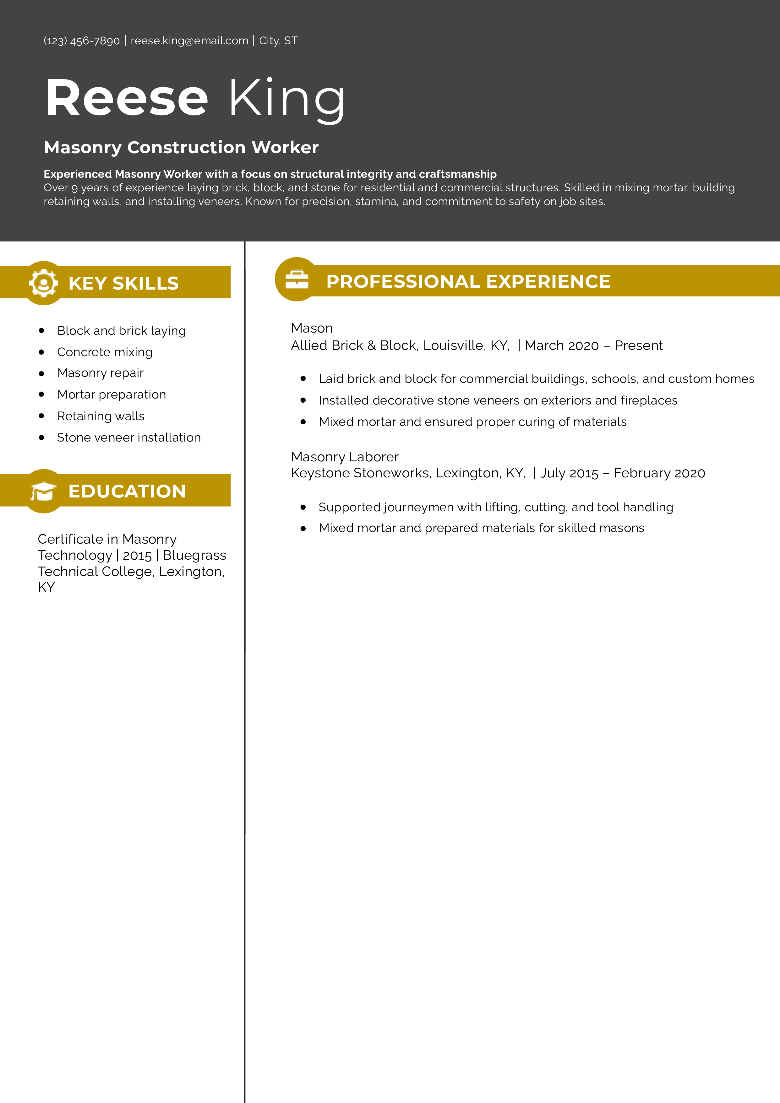 Masonry Construction Worker Resume Example