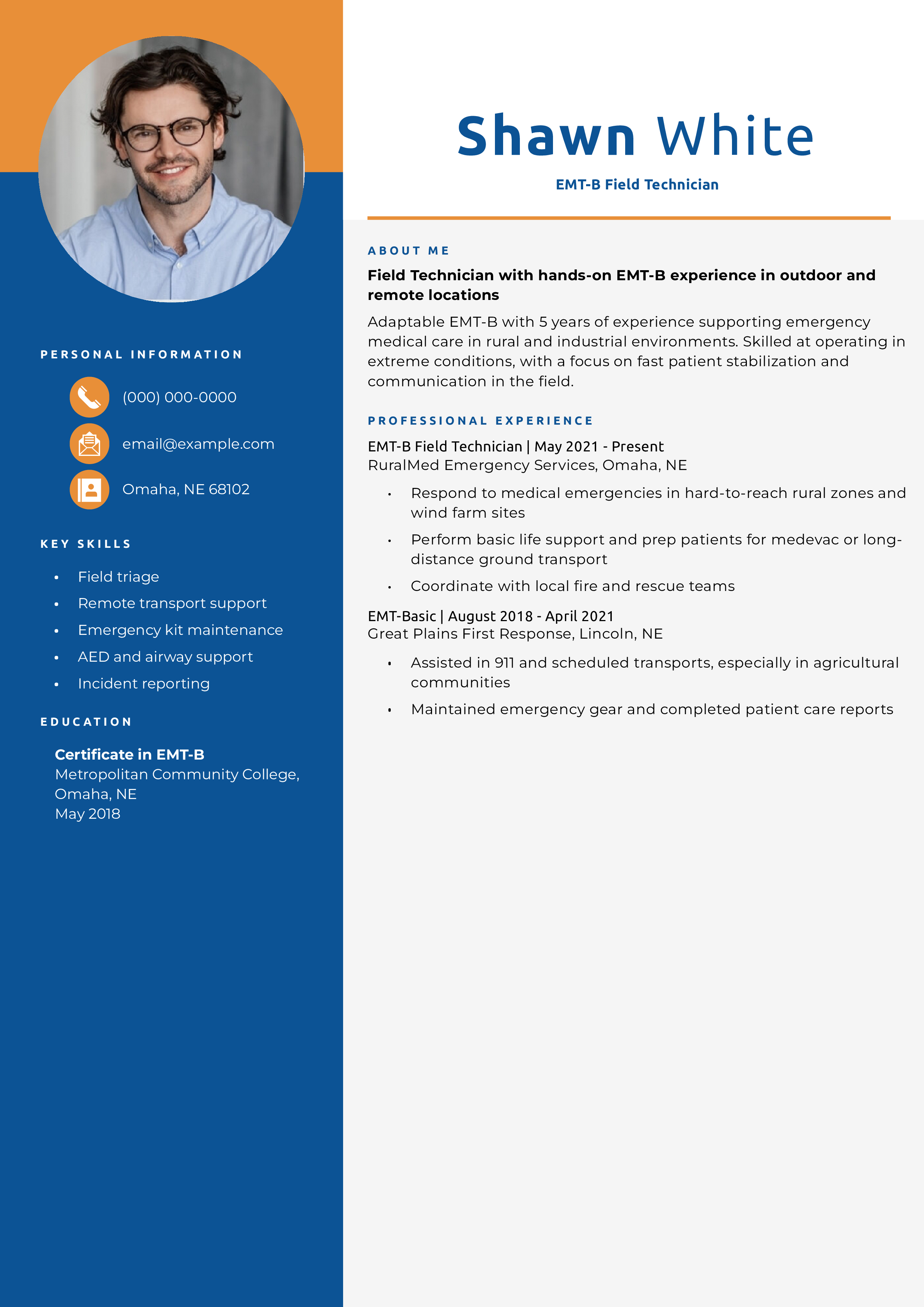 EMT-B Field Technician Resume Example