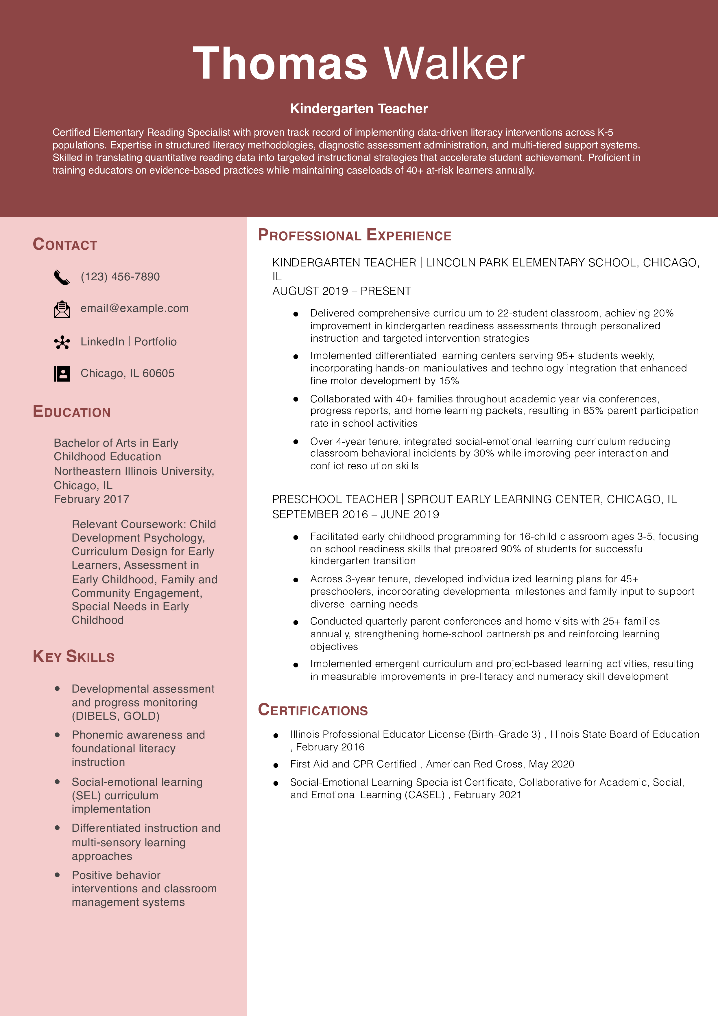 Kindergarten Teacher Resume Example