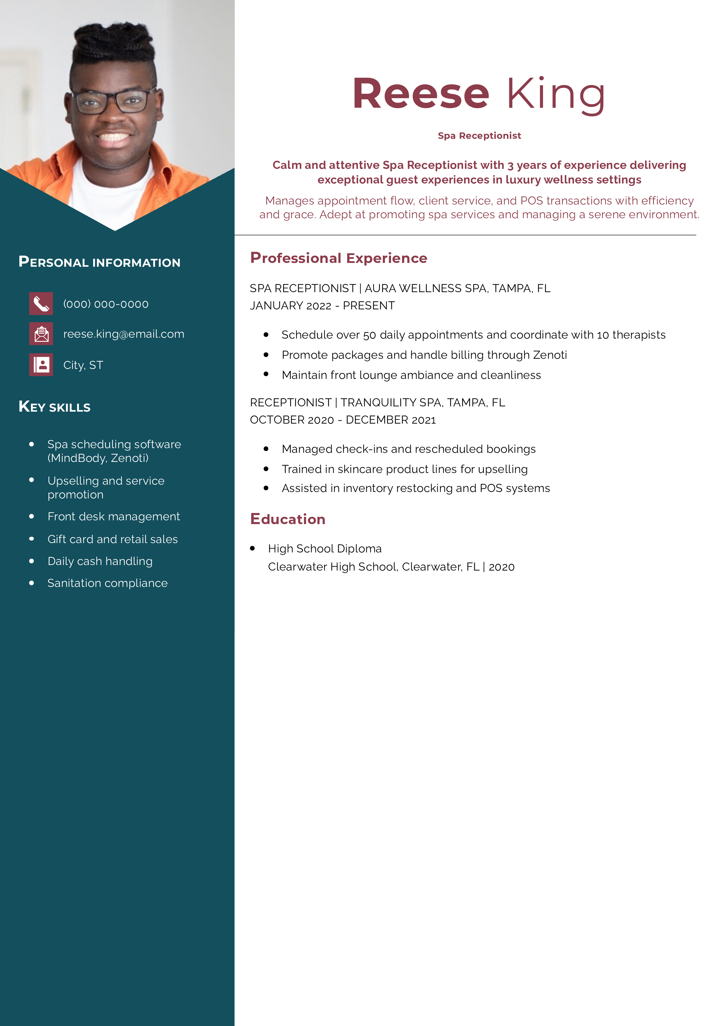 Spa Receptionist Resume Example