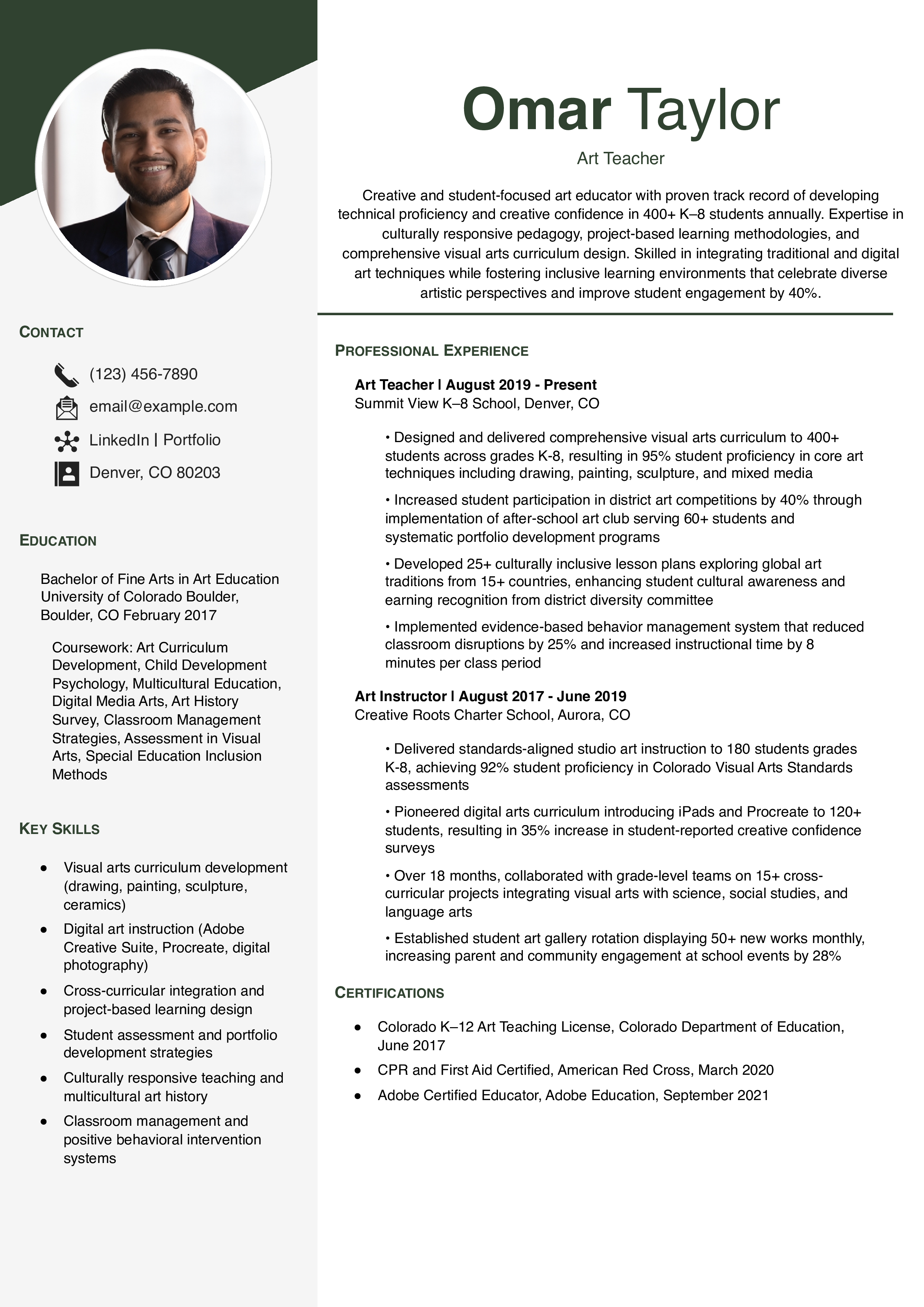 Art Teacher Resume Example