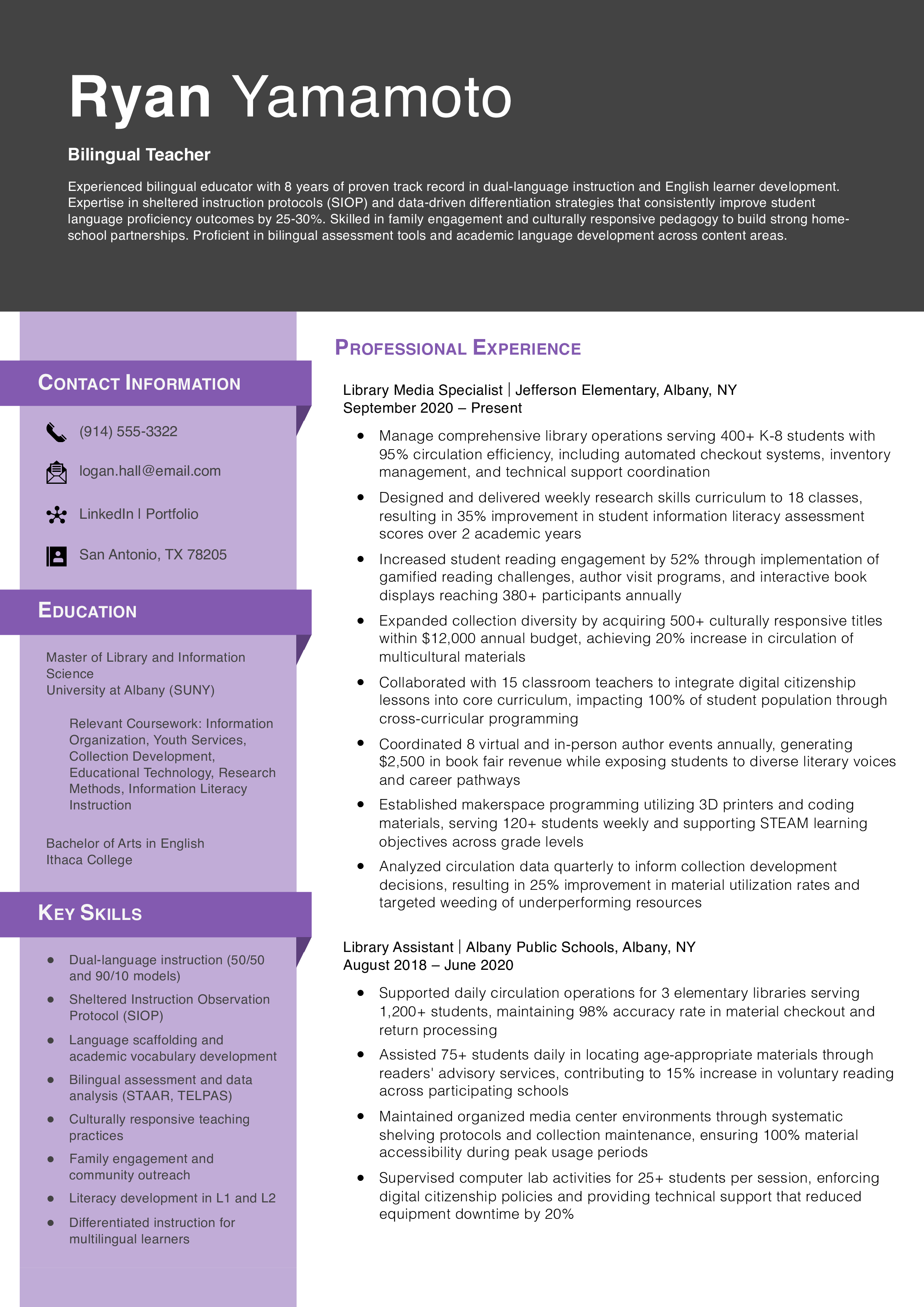 Bilingual Teacher Resume Example