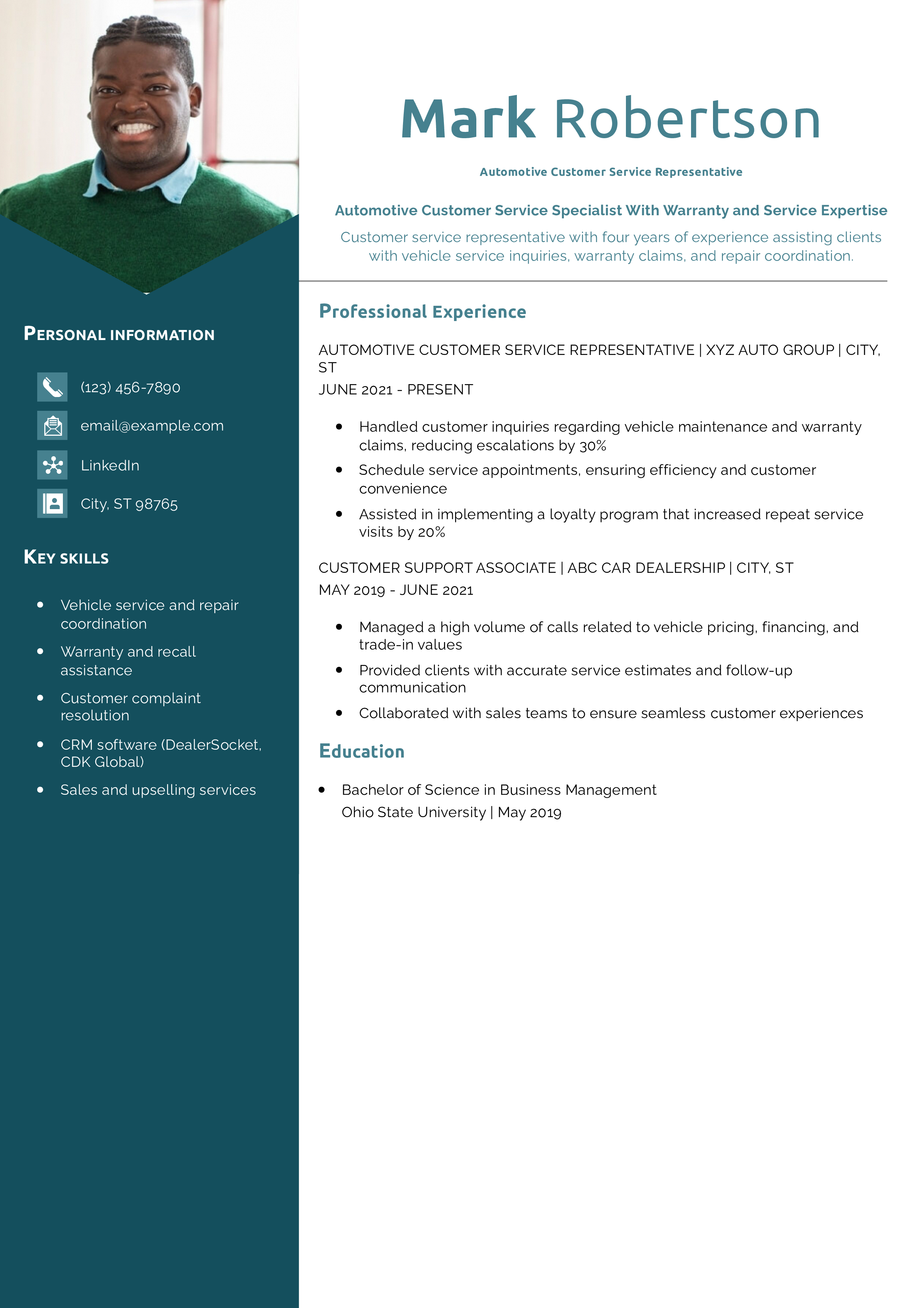 Automotive Customer Service Representative Resume Example