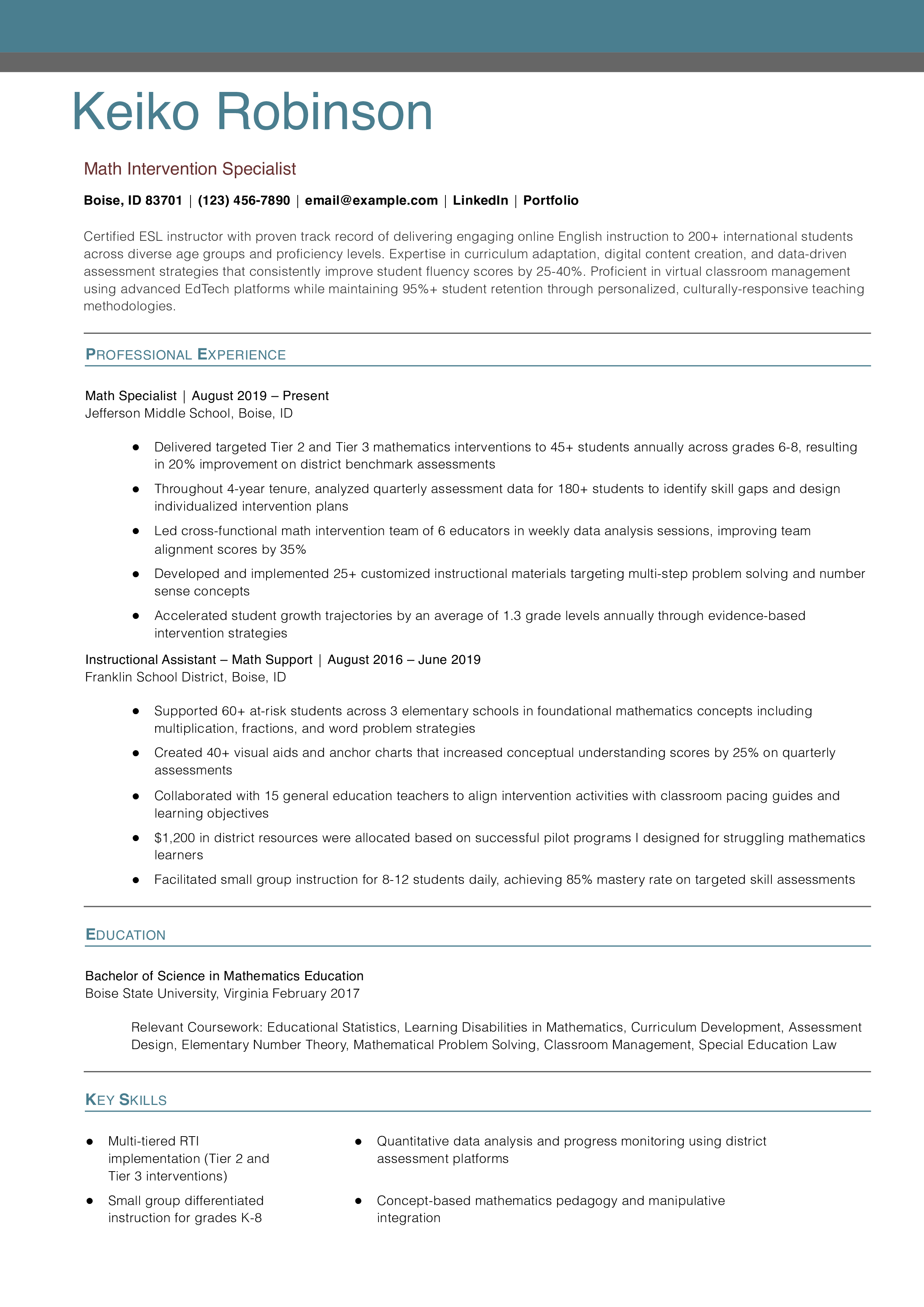 Math Intervention Specialist Resume Example