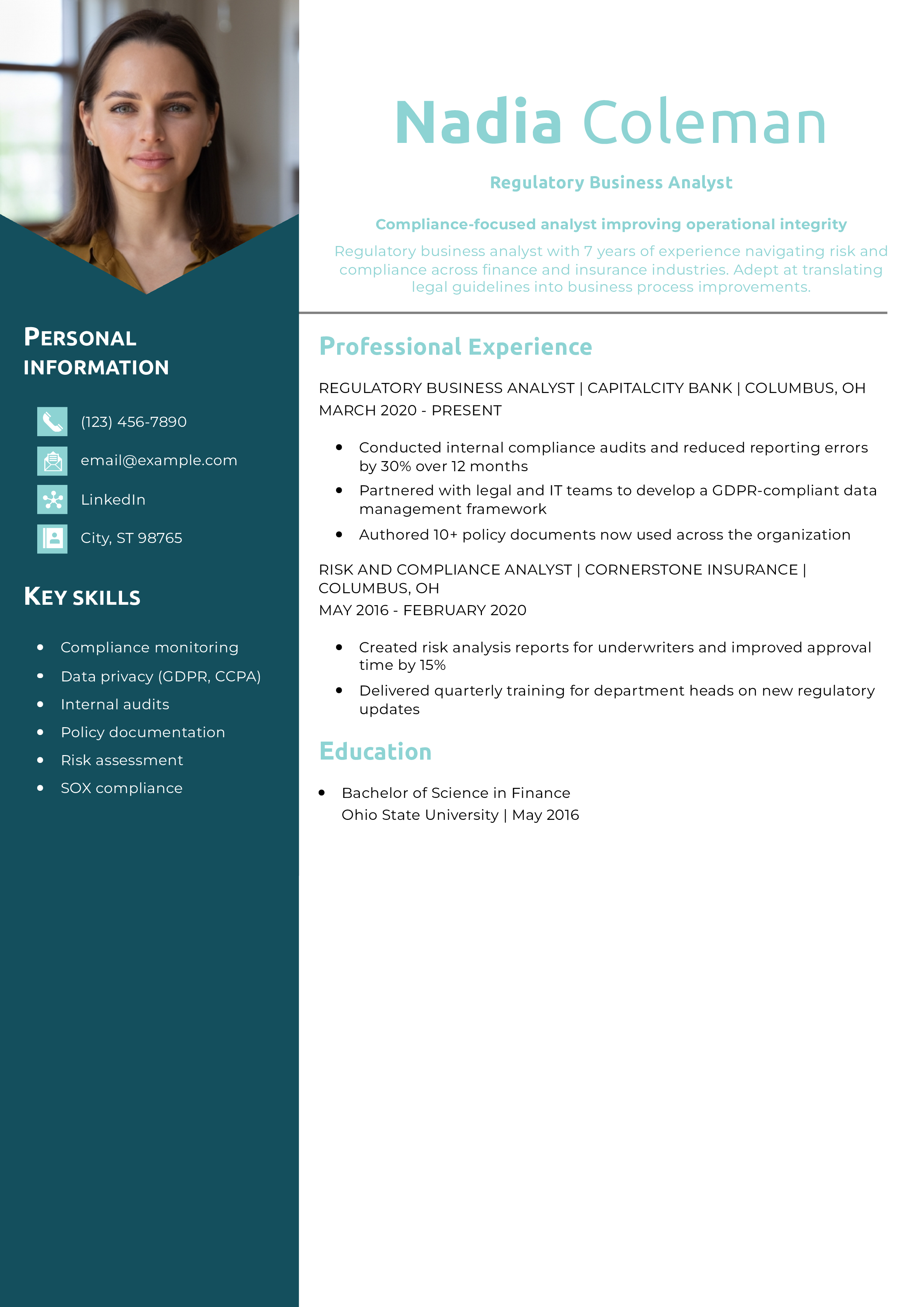 Regulatory Business Analyst Resume Example