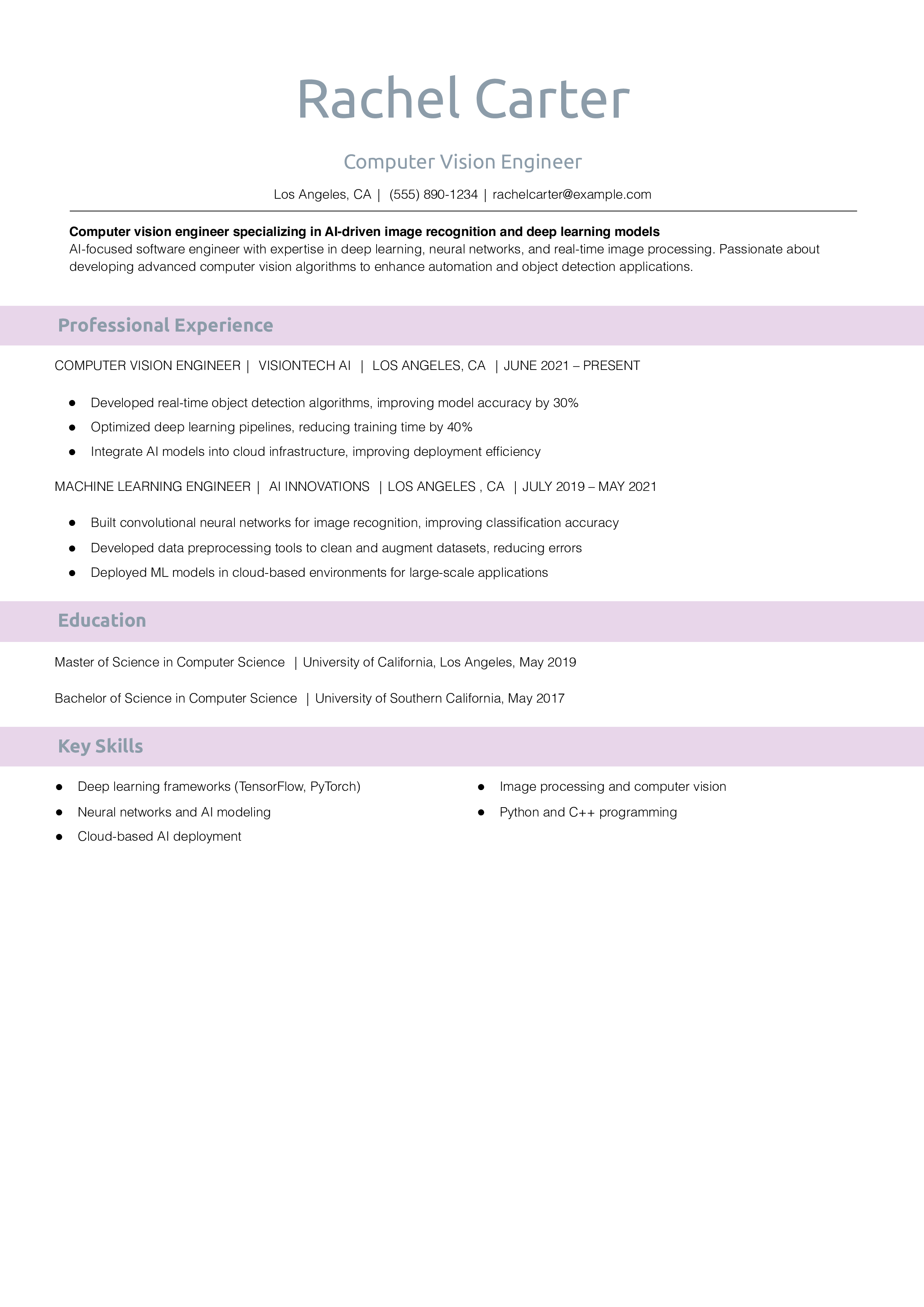 Computer Vision Engineer Resume Example