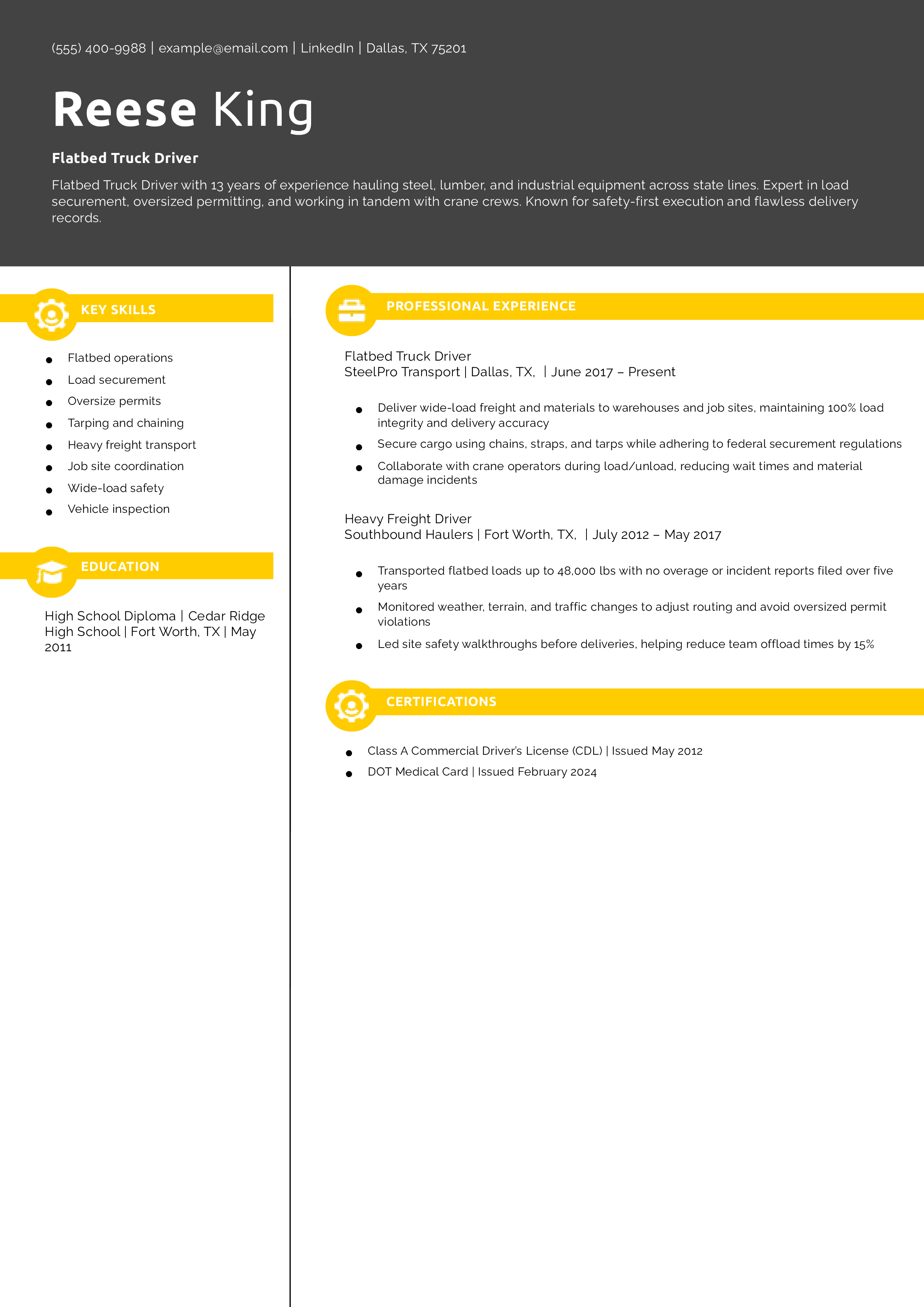 Flatbed Truck Driver Resume Example