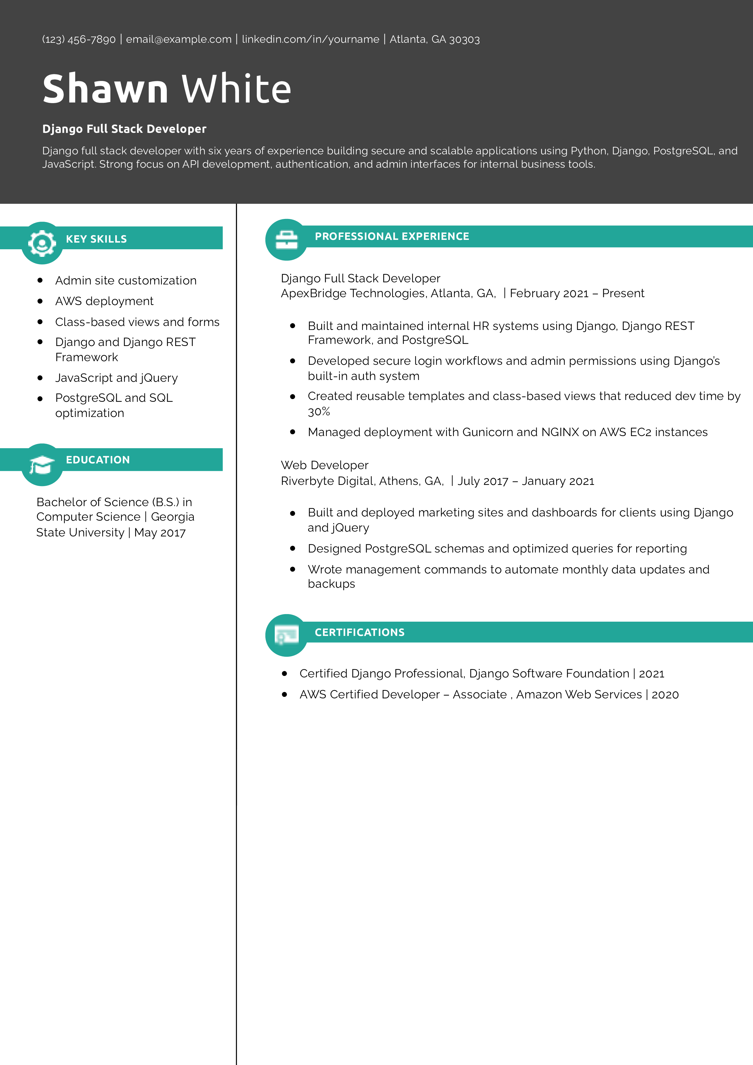 Django Full Stack Developer Resume Example