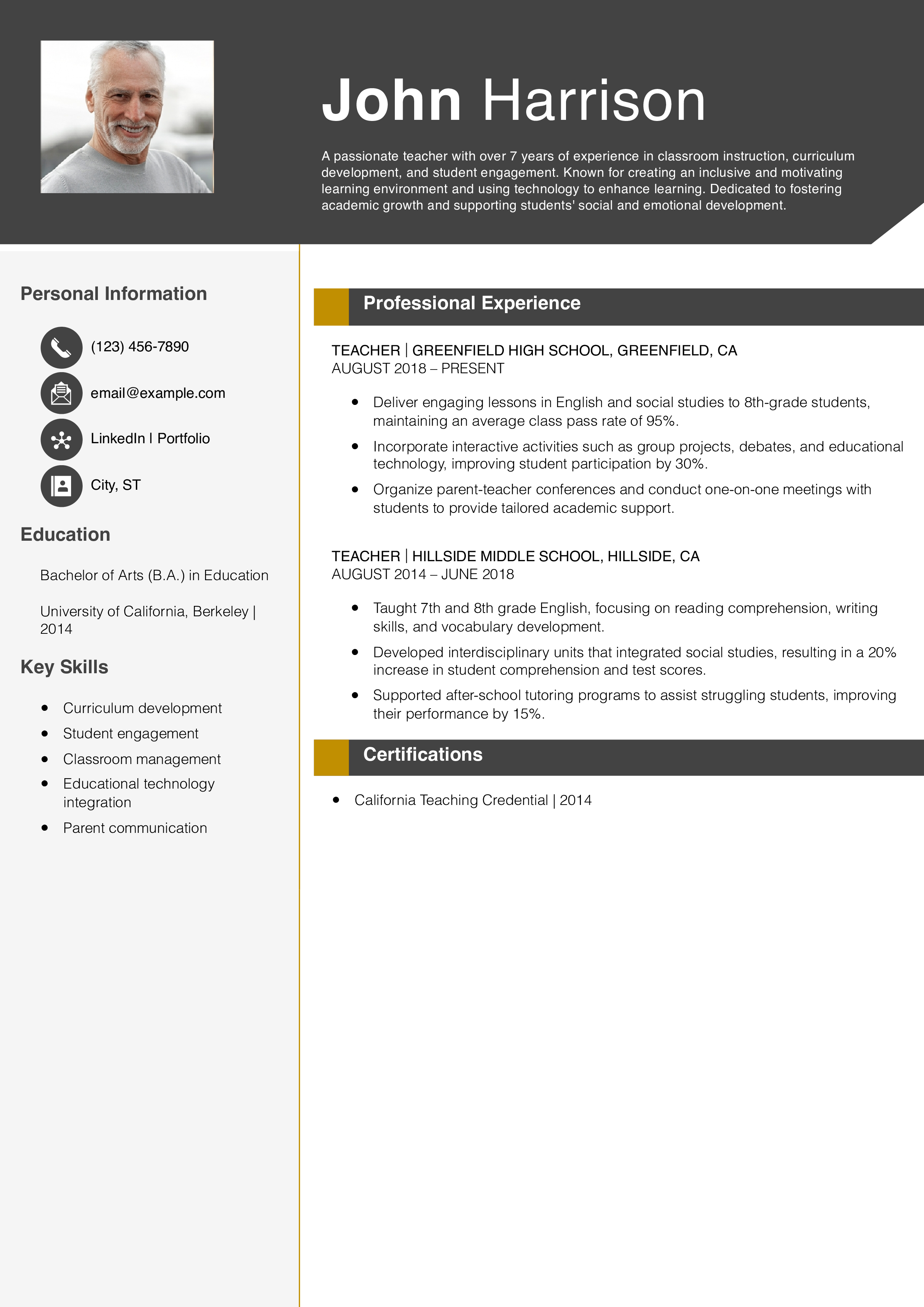 Teacher Resume Example