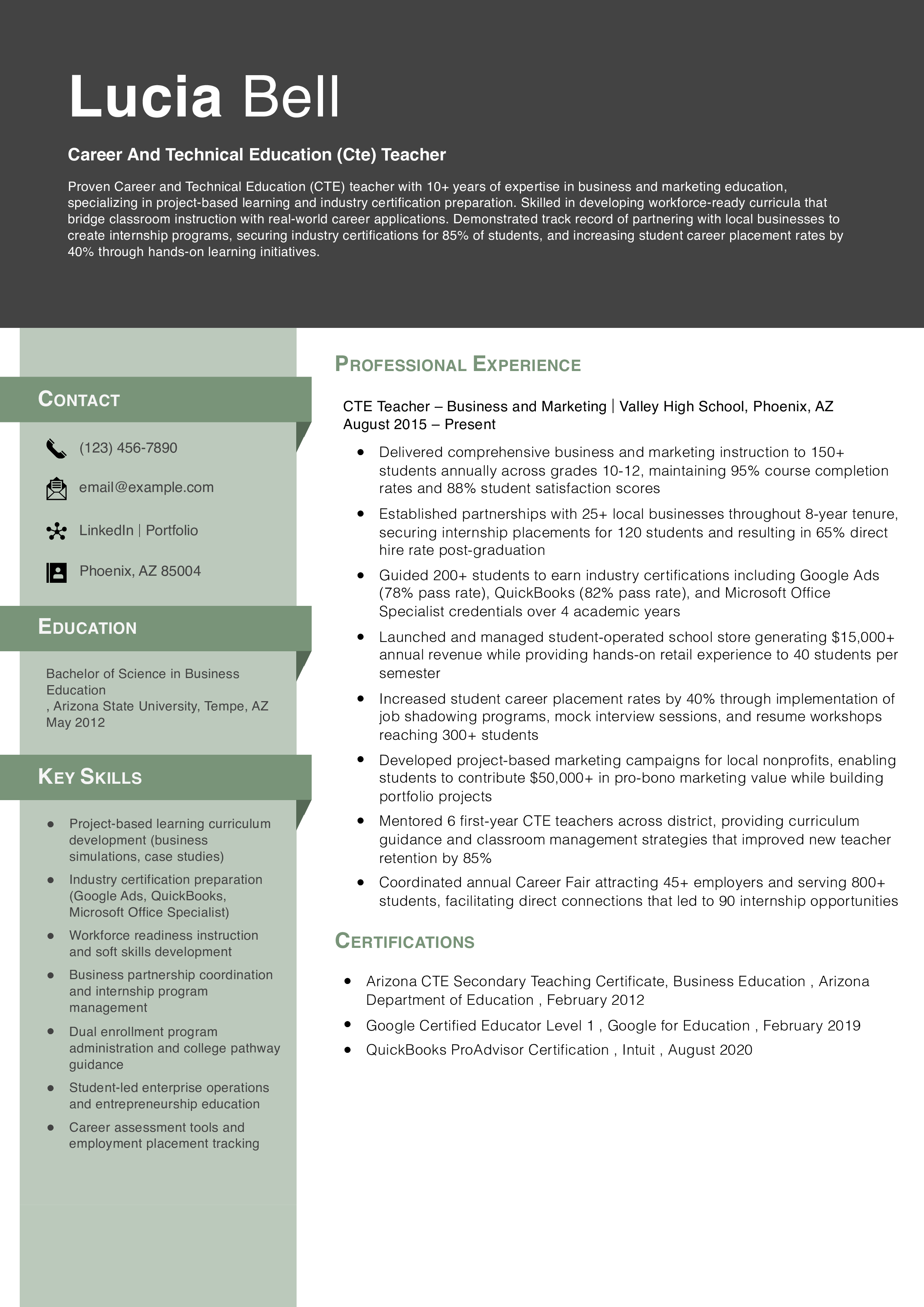 Career And Technical Education (Cte) Teacher Resume Example