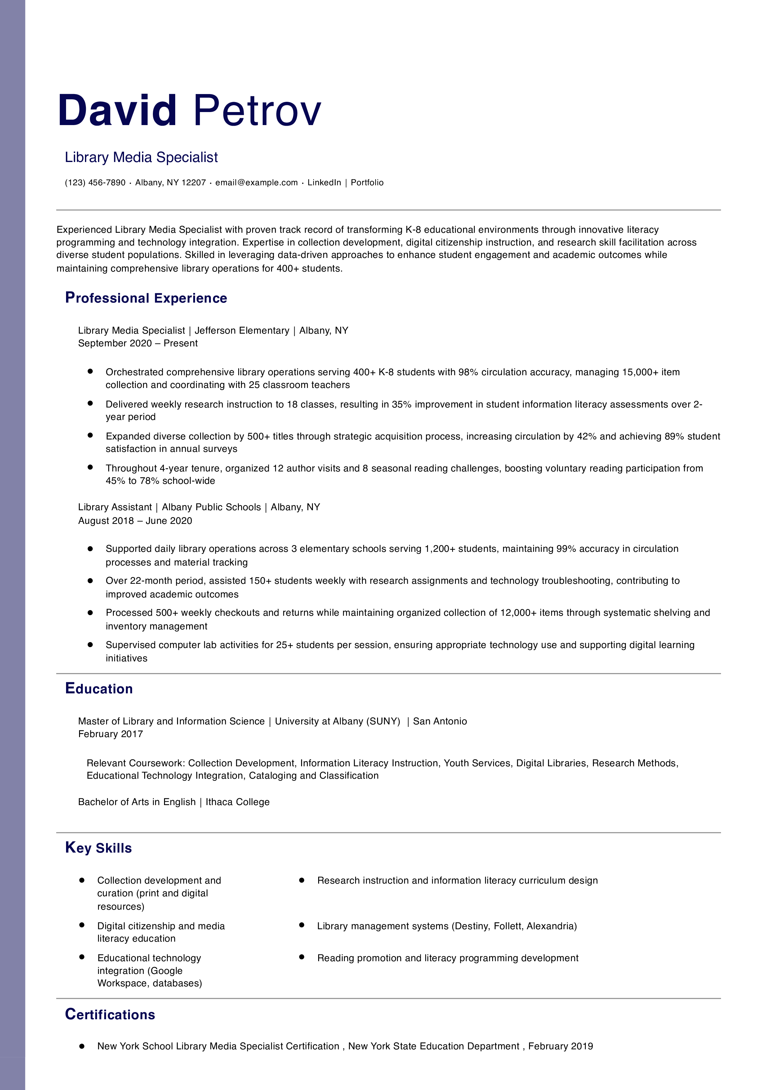 Library Media Specialist Resume Example