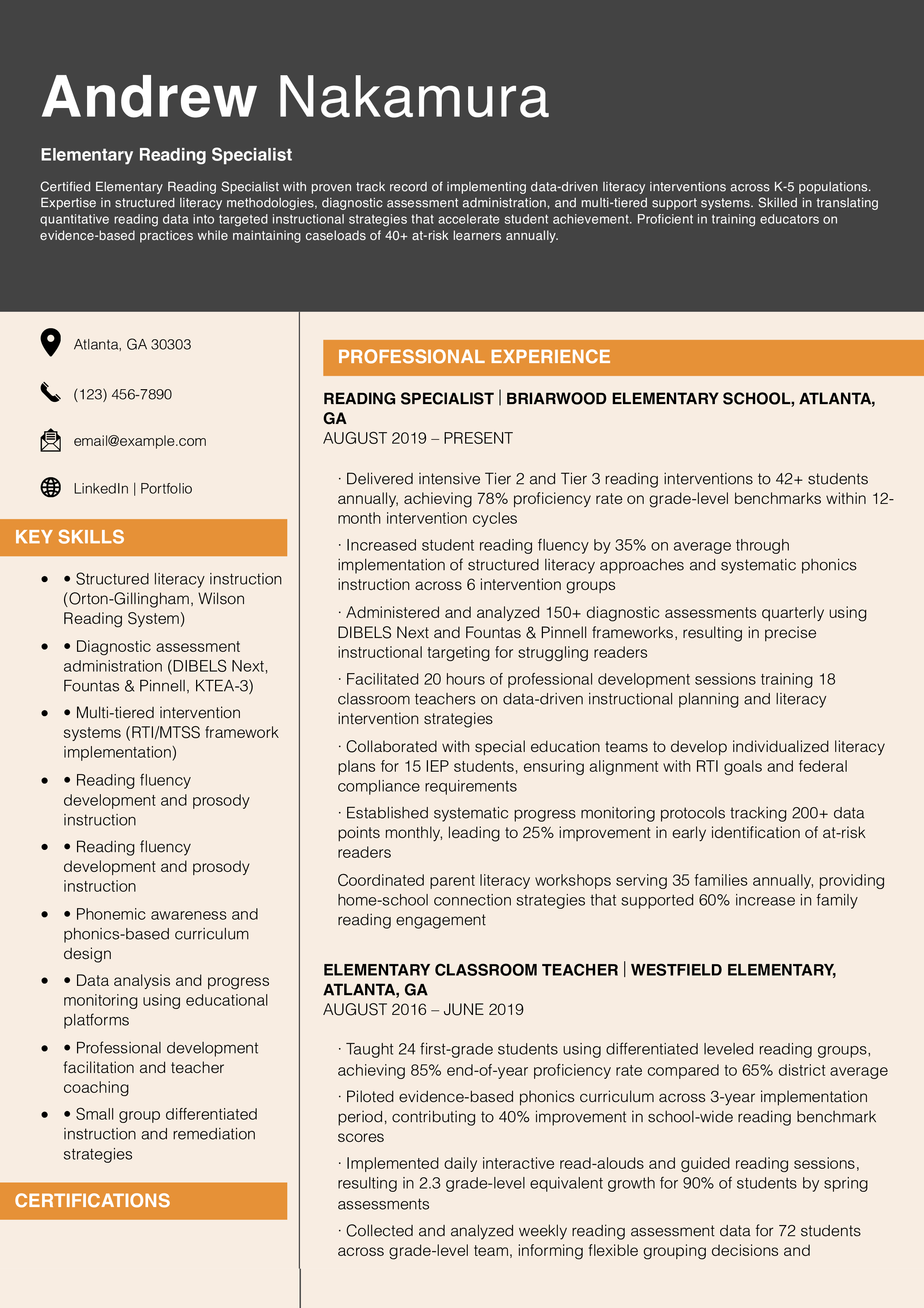 Elementary Reading Specialist Resume Example