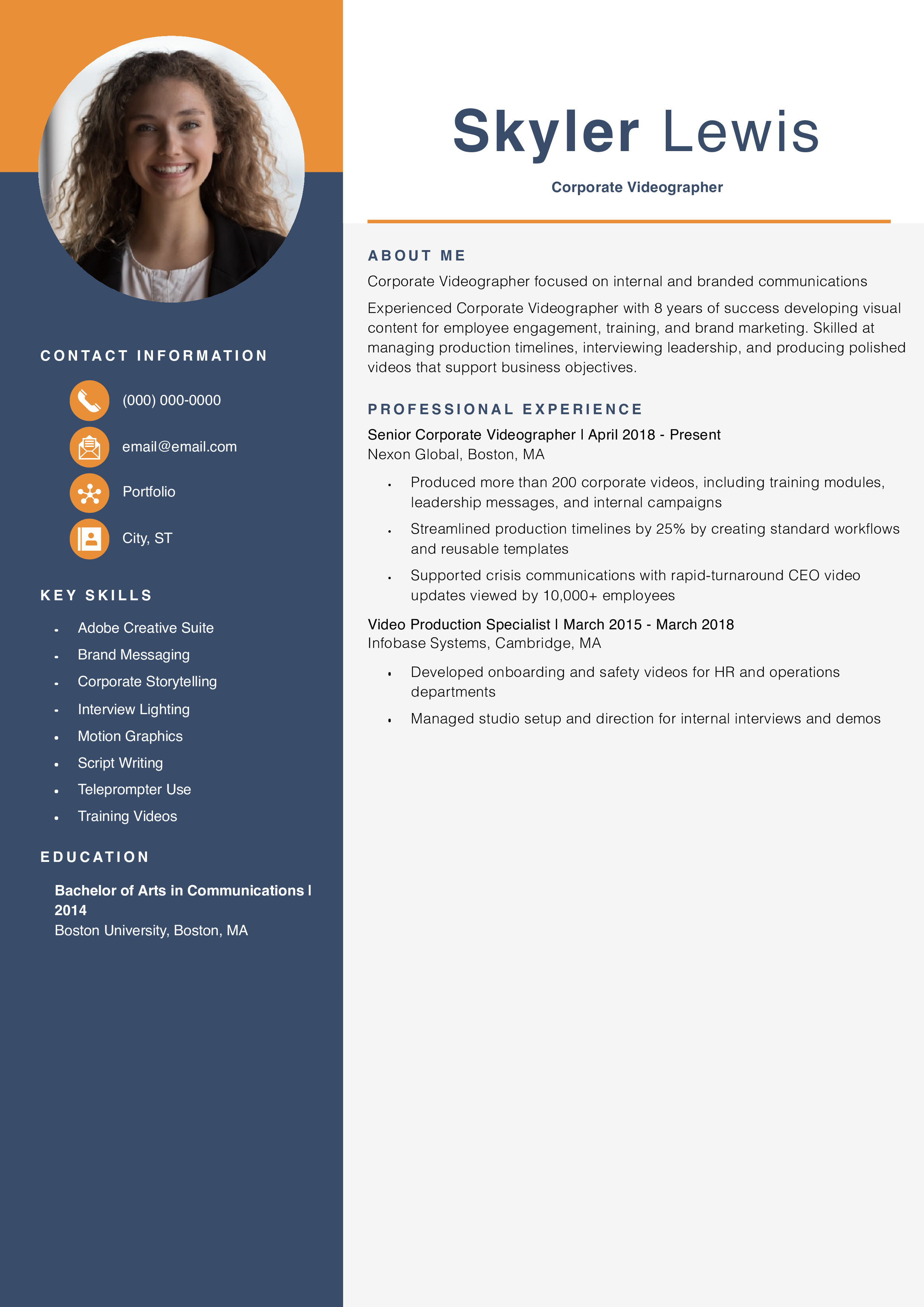 Corporate Videographer Resume Example