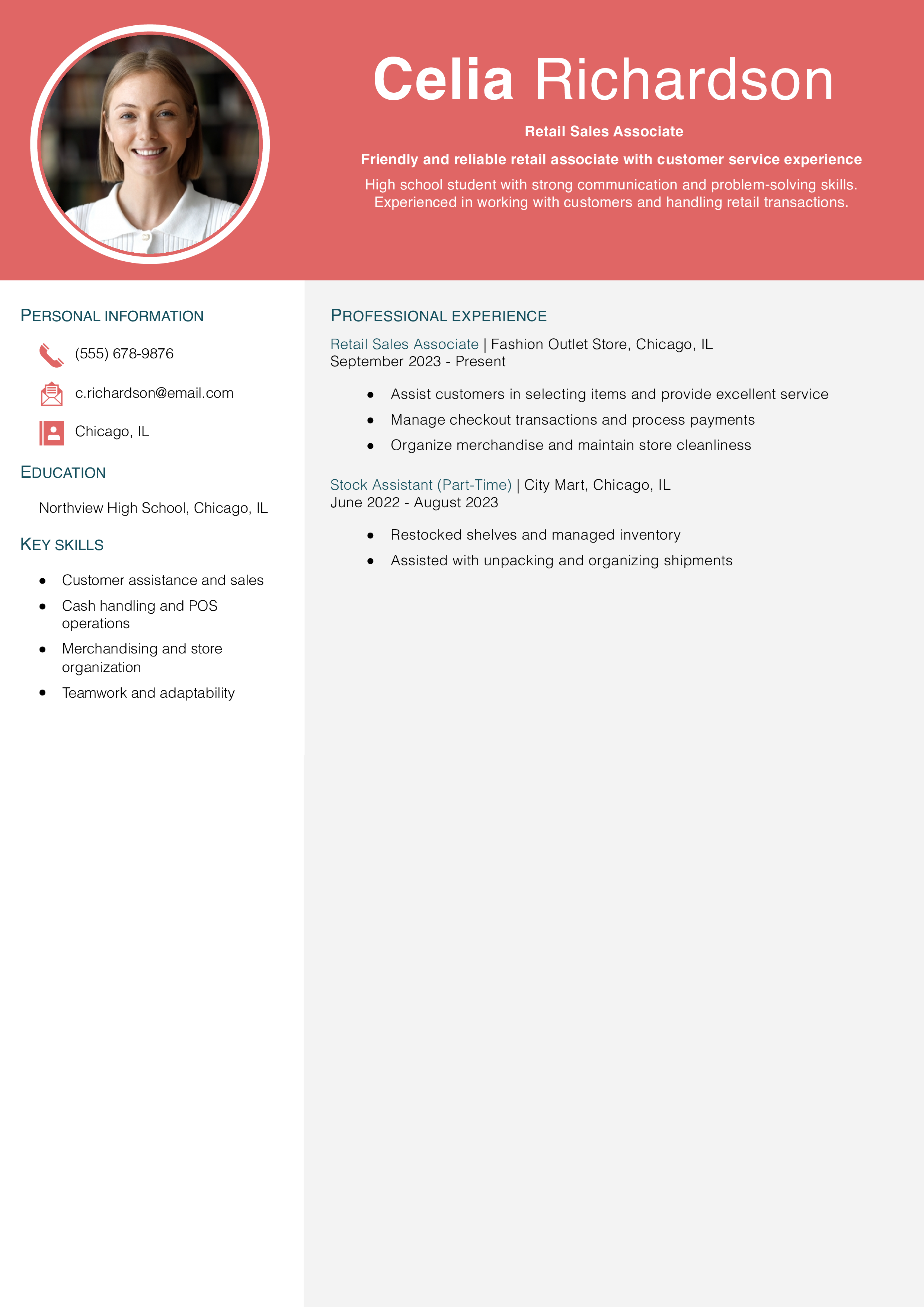 Retail Job Resume for Teens 