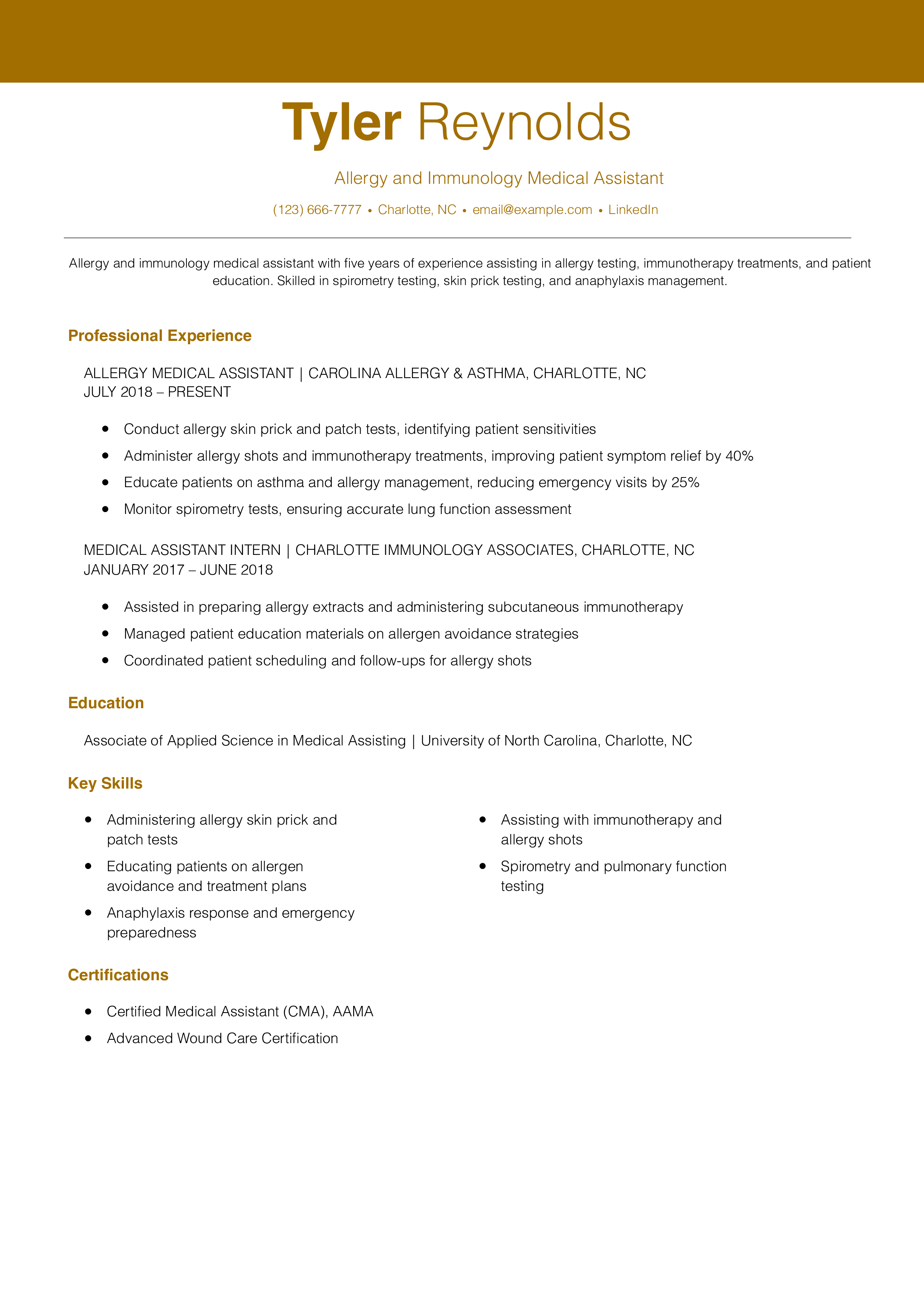 Allergy and Immunology Medical Assistant Resume Example