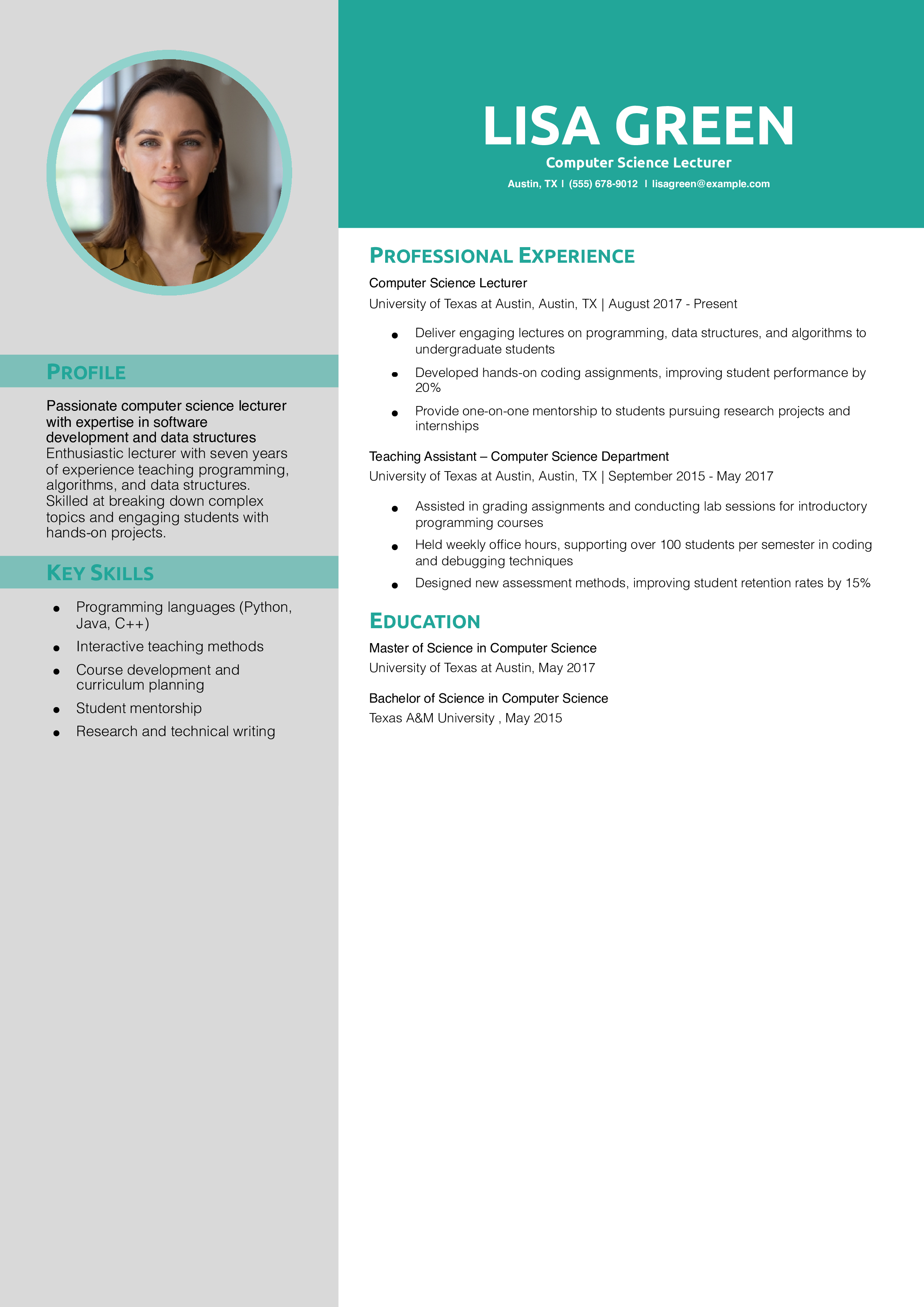  Computer Science Lecturer Resume Example