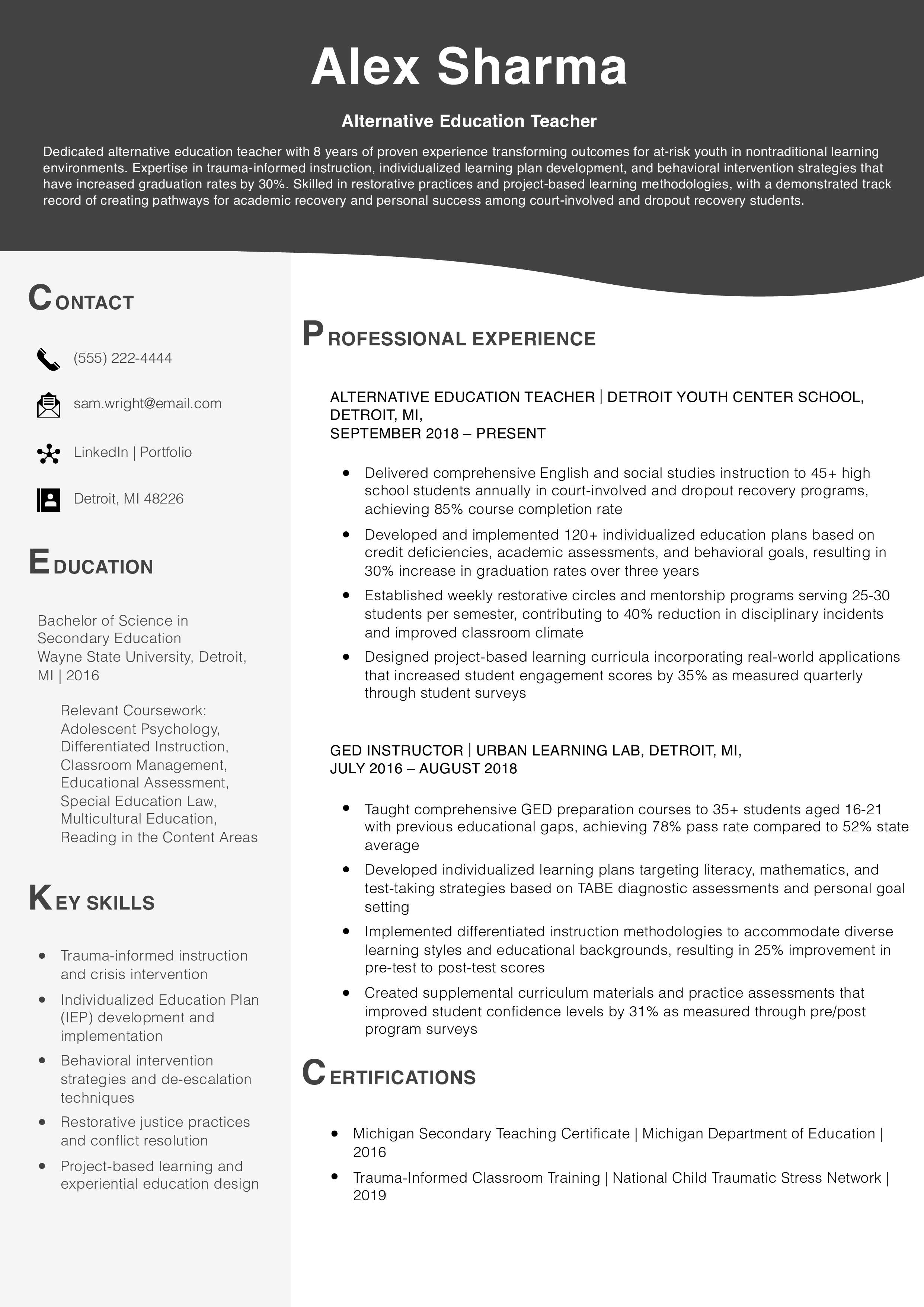 Alternative Education Teacher Resume Example