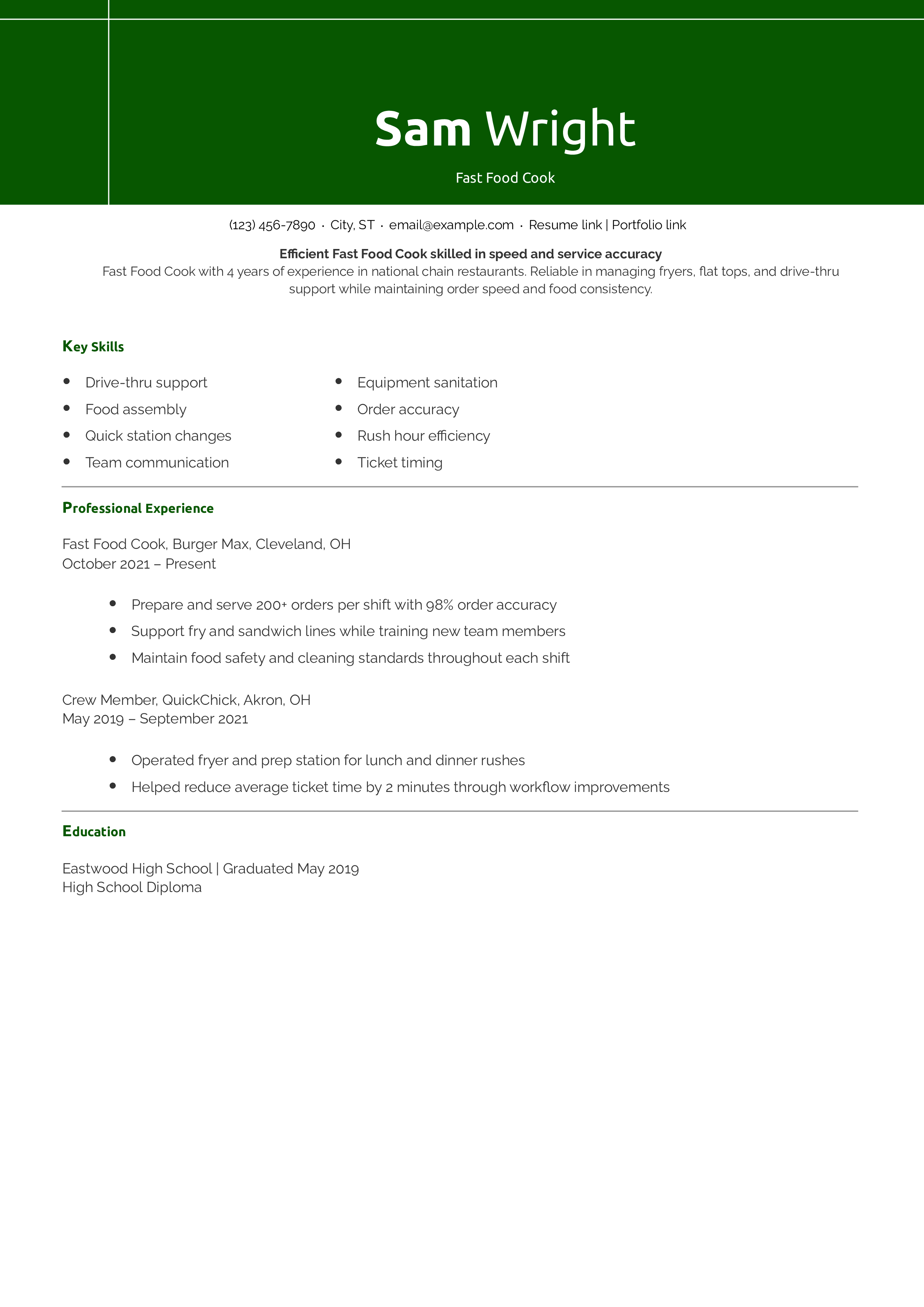 Fast Food Cook Resume Example