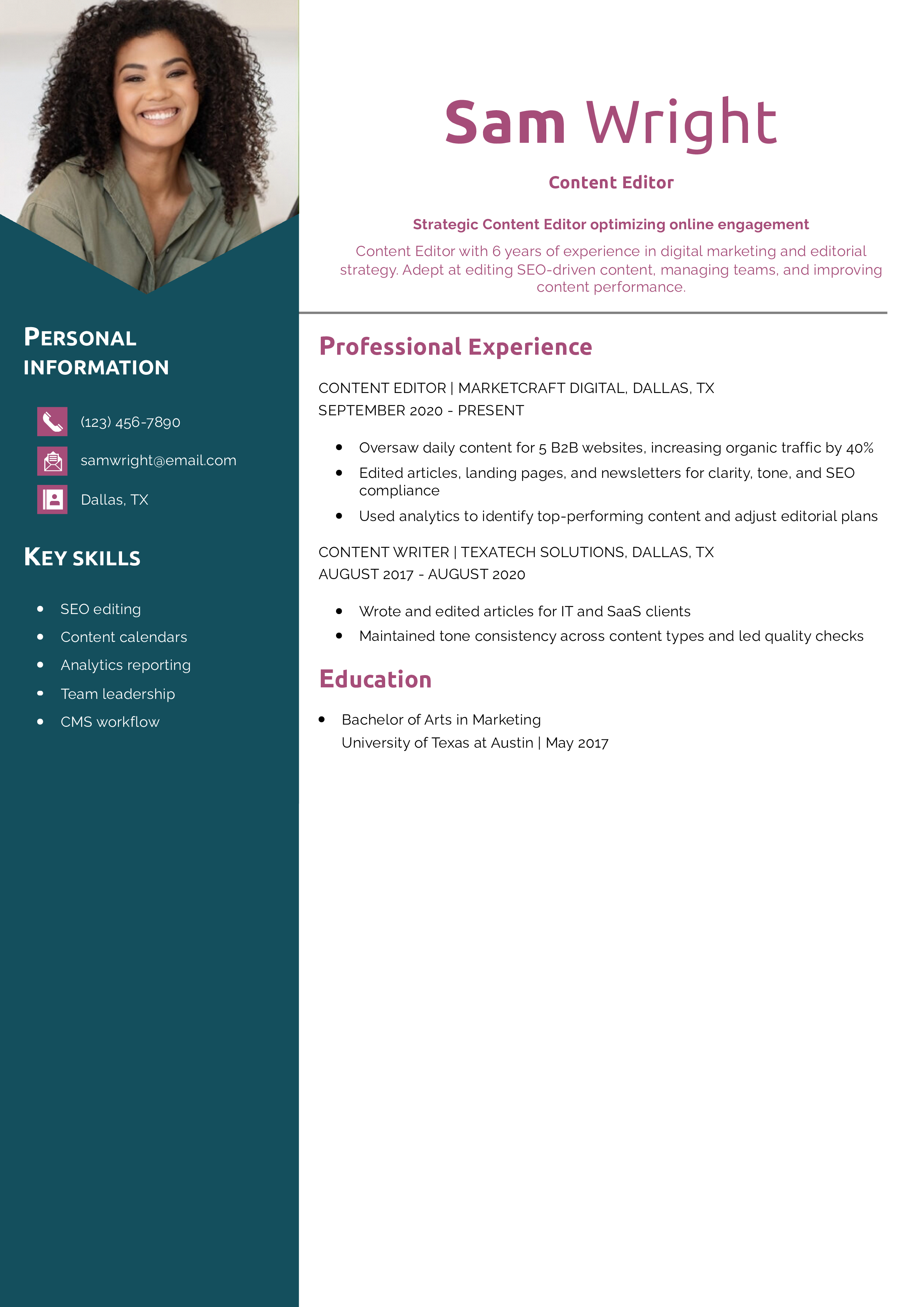 Content Editor Resume Example