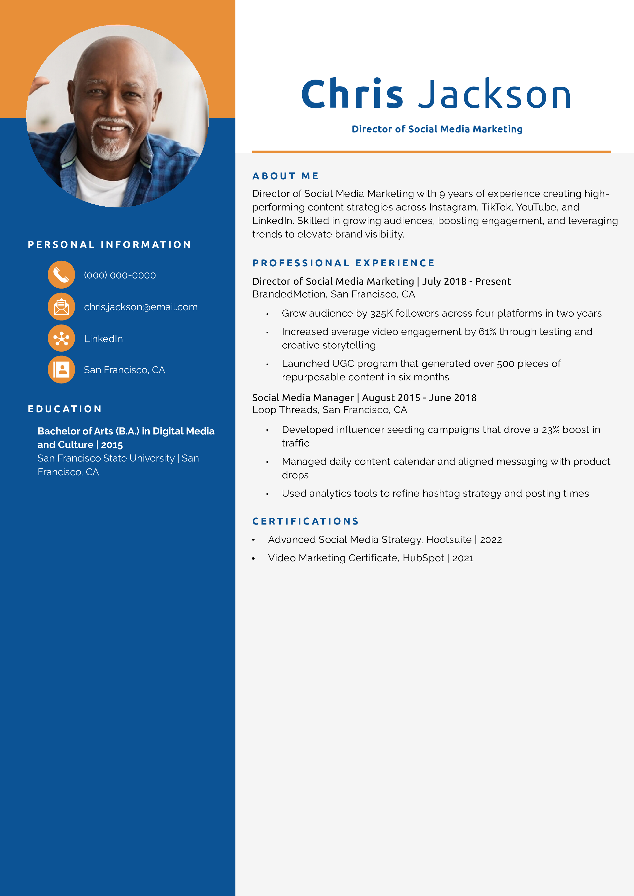 Director of Social Media Marketing Resume Example