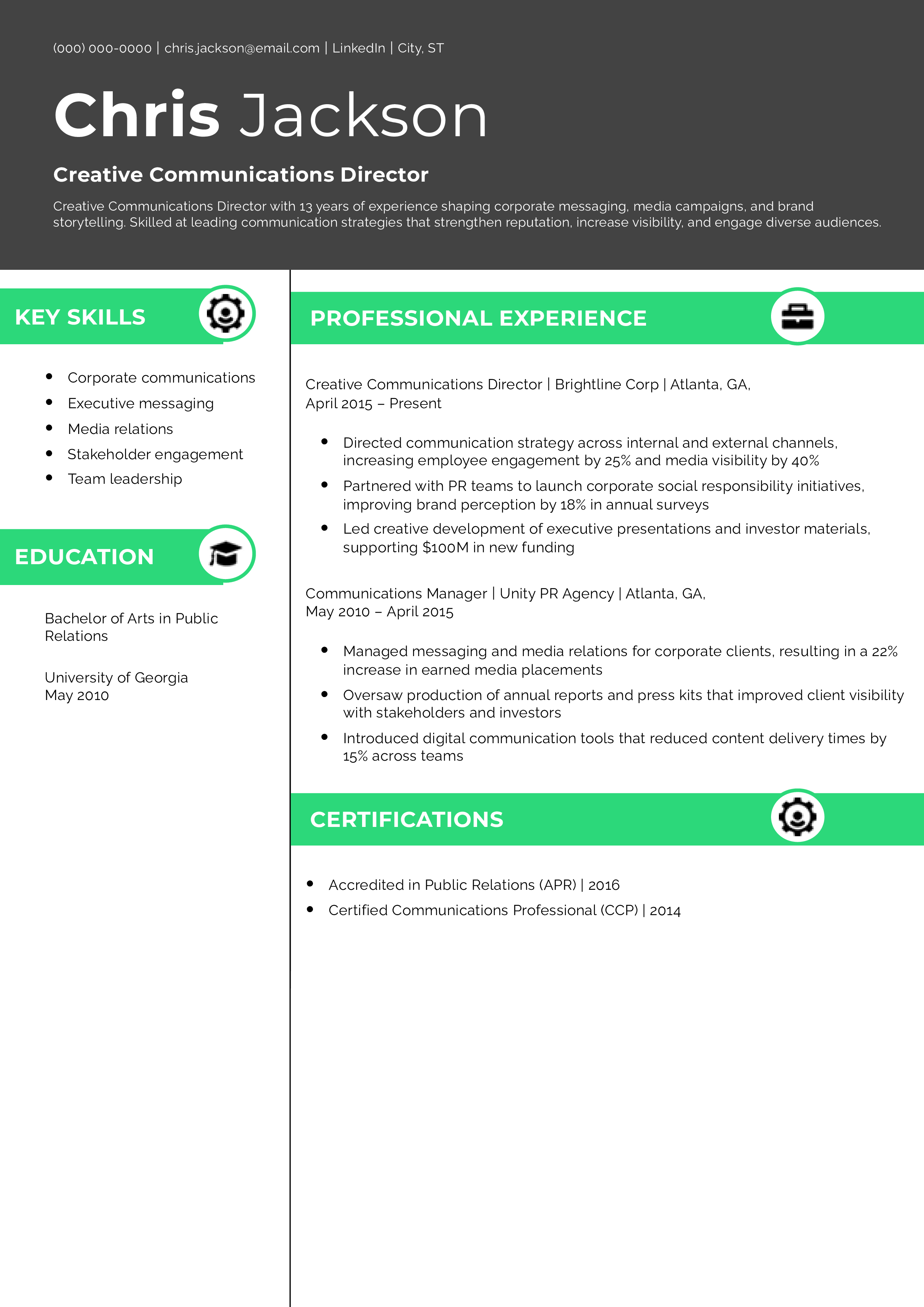 Creative Communications Director Resume Example